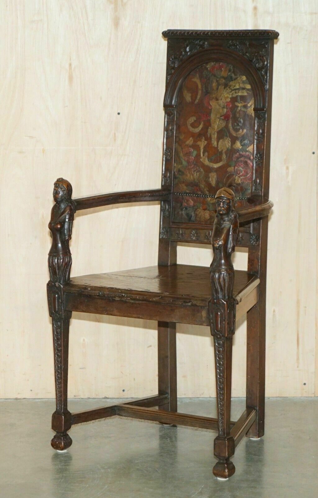 Pair Of Antique 1640 Caquetoire Carved Walnut Polychrome Painted Armchairs photo furniture