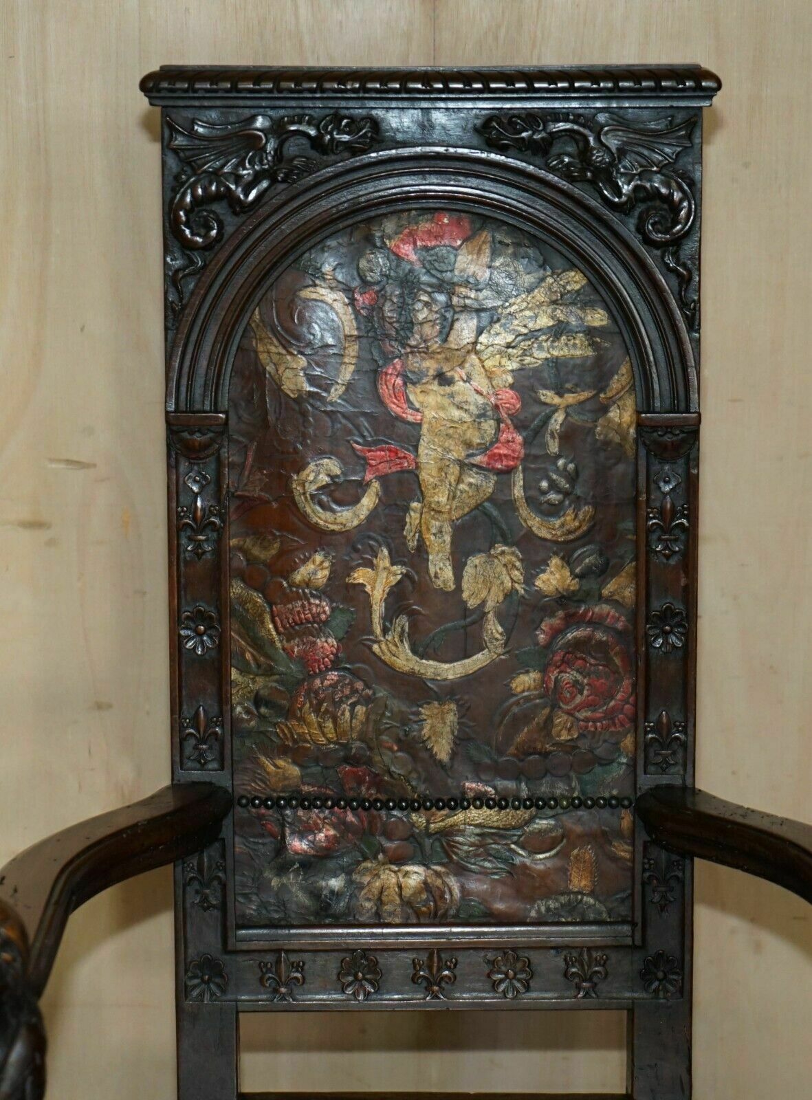 Pair Of Antique 1640 Caquetoire Carved Walnut Polychrome Painted Armchairs photo Furniture