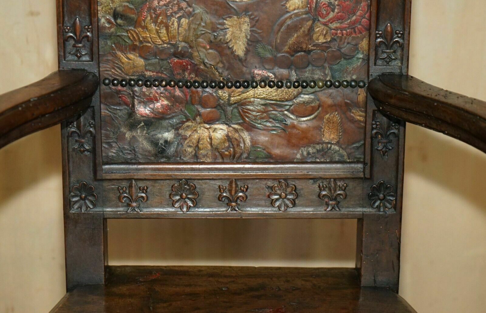 Pair Of Antique 1640 Caquetoire Carved Walnut Polychrome Painted Armchairs photo buy