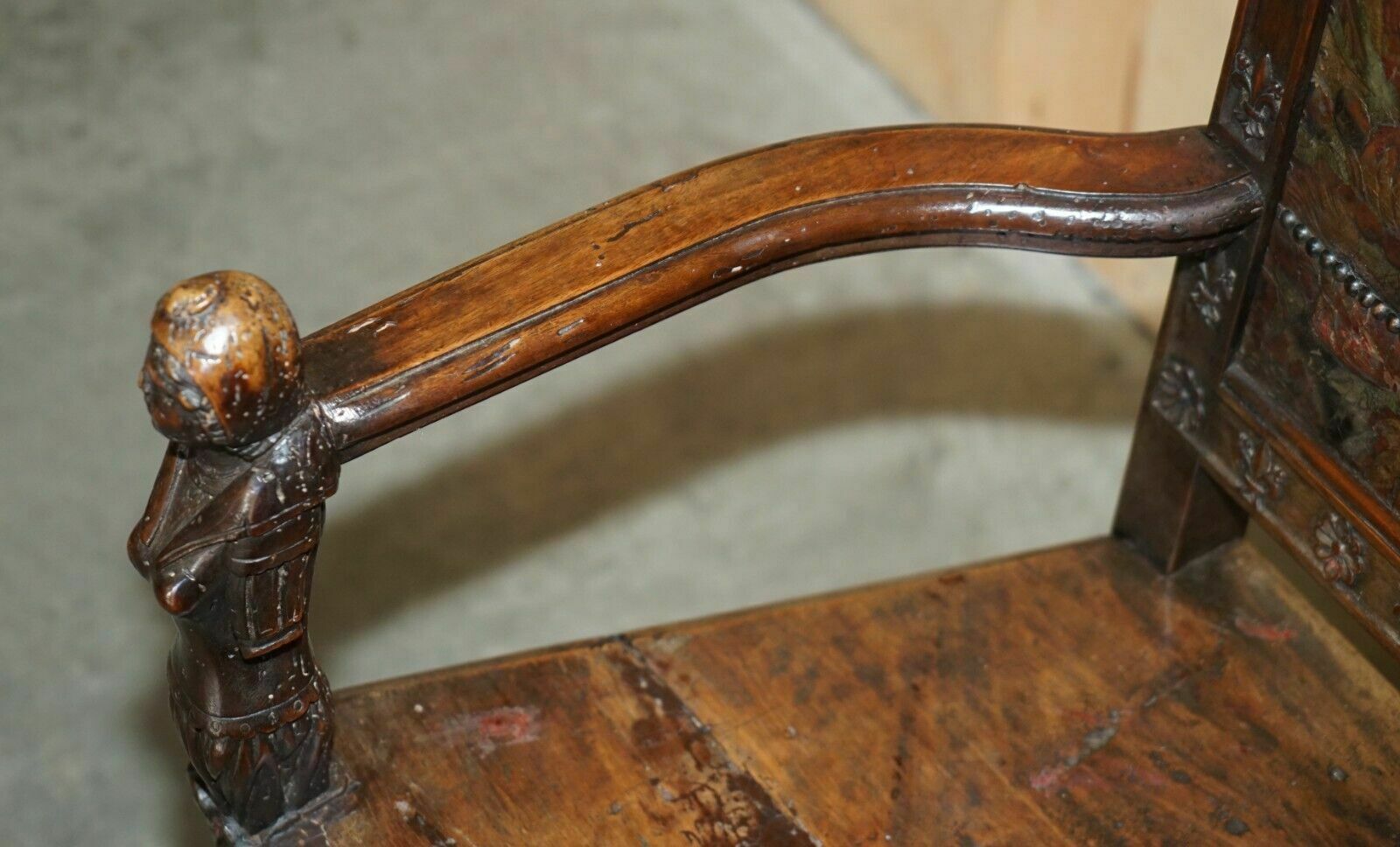 photo furniture Pair Of Antique 1640 Caquetoire Carved Walnut Polychrome Painted Armchairs