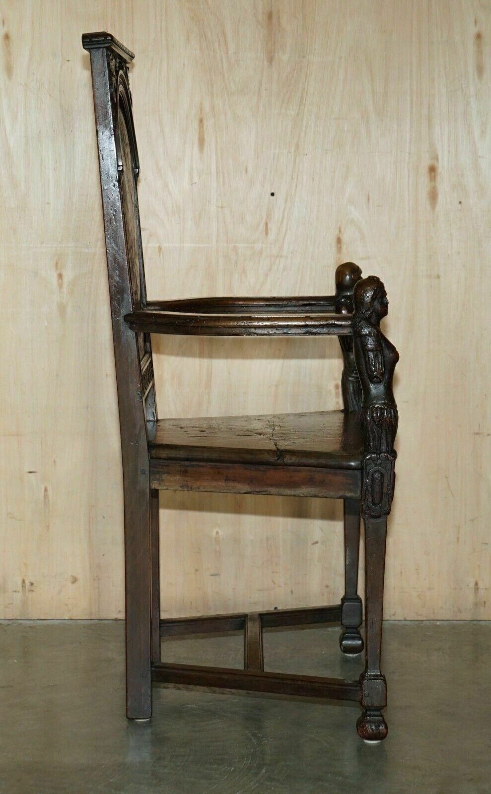 photo buy Pair Of Antique 1640 Caquetoire Carved Walnut Polychrome Painted Armchairs