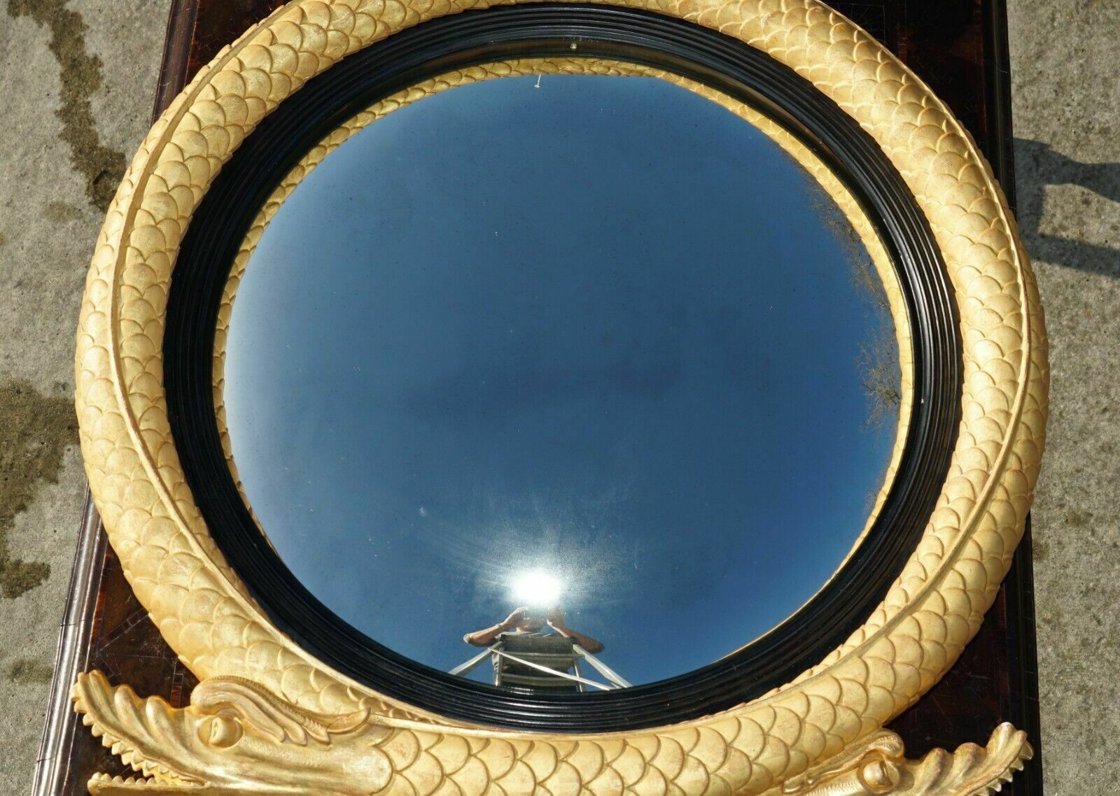 photo for sale Pair Of Extra Large Stunning Regency Style Gold Gilt Twin Serpent Convex Mirrors
