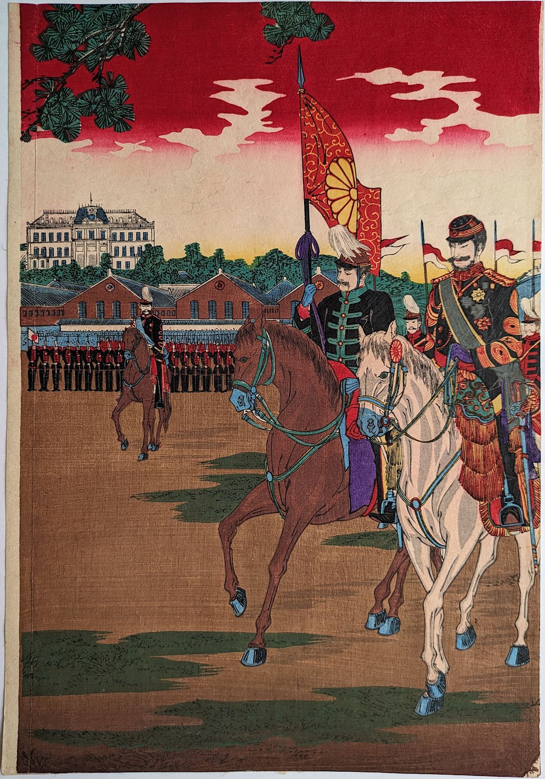Bosai Shūgetsu, Military Review At Hibiya Parade Ground, Original Japanese Woodblock Print Triptych, 1886 photo for sale