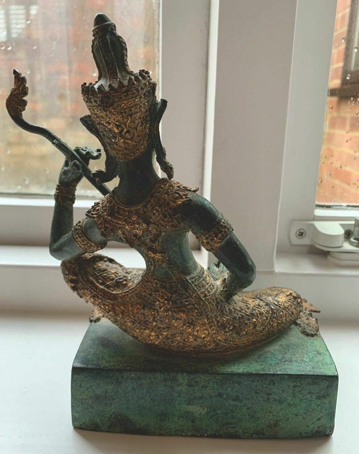 Antique Thai Prince Musician Gilded Bronze Statue Mandolin Music Player photo vinterior