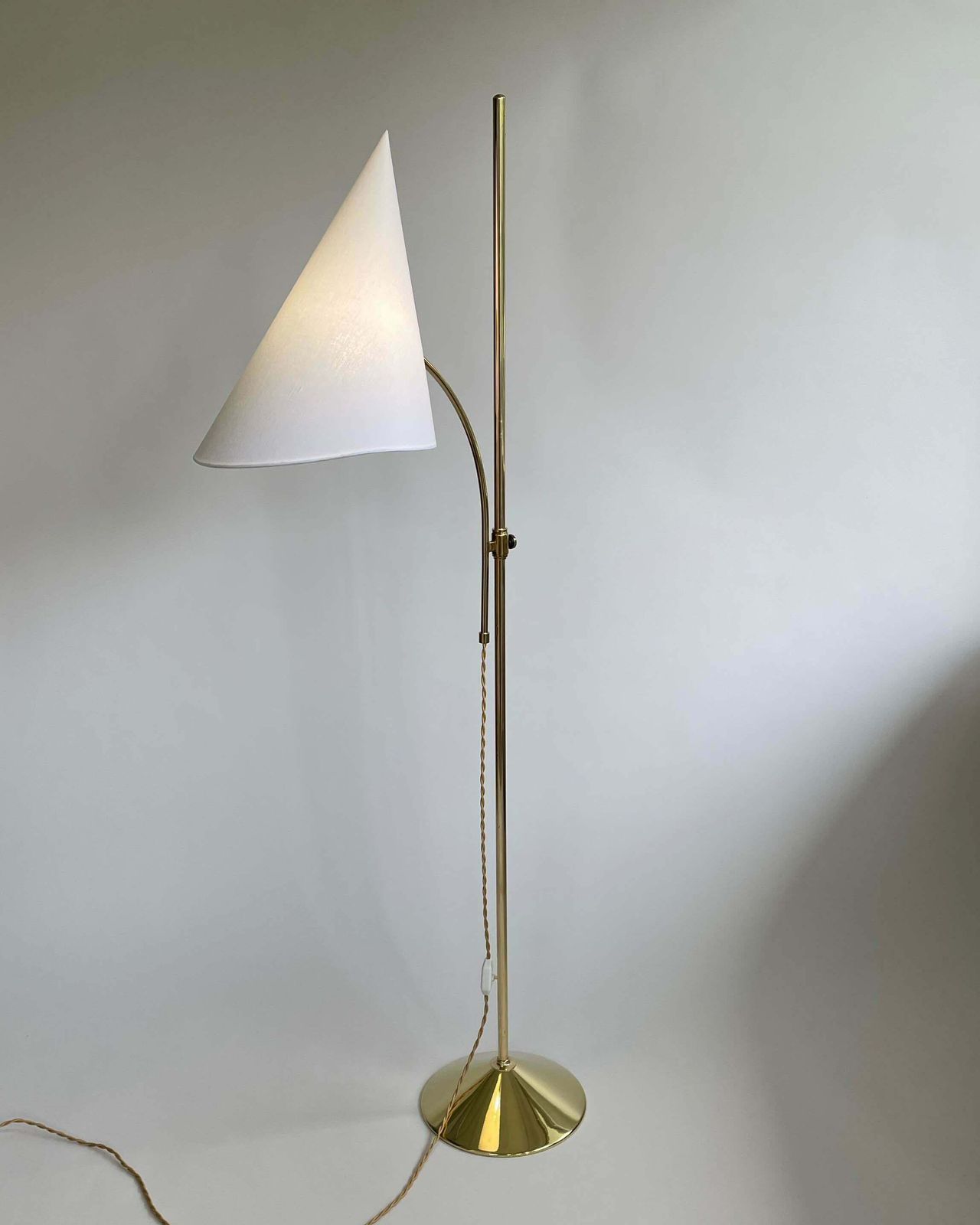 Swedish Designer Adjustable Witches Hat Brass Floor Lamp, 1950s photo vinterior