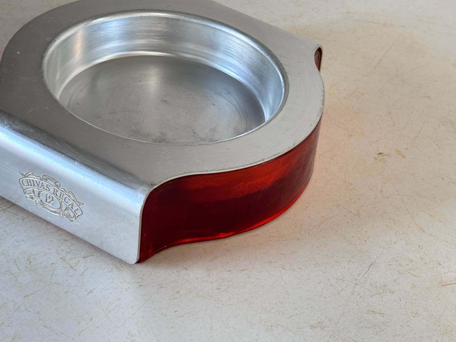 Ashtray In Aluminium Cast And Glass Signed Chivas Red Silvered Color France 1970 photo buy