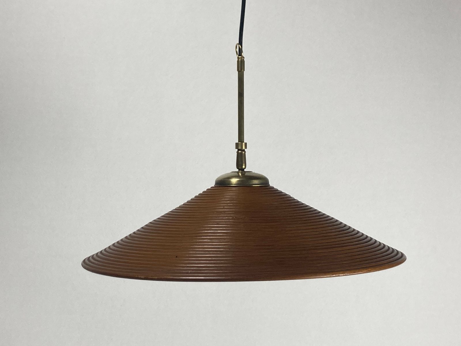 Pencil Split Reed, Rattan, Bamboo & Brass Hanging Pendant Lamp, 1970s photo for sale