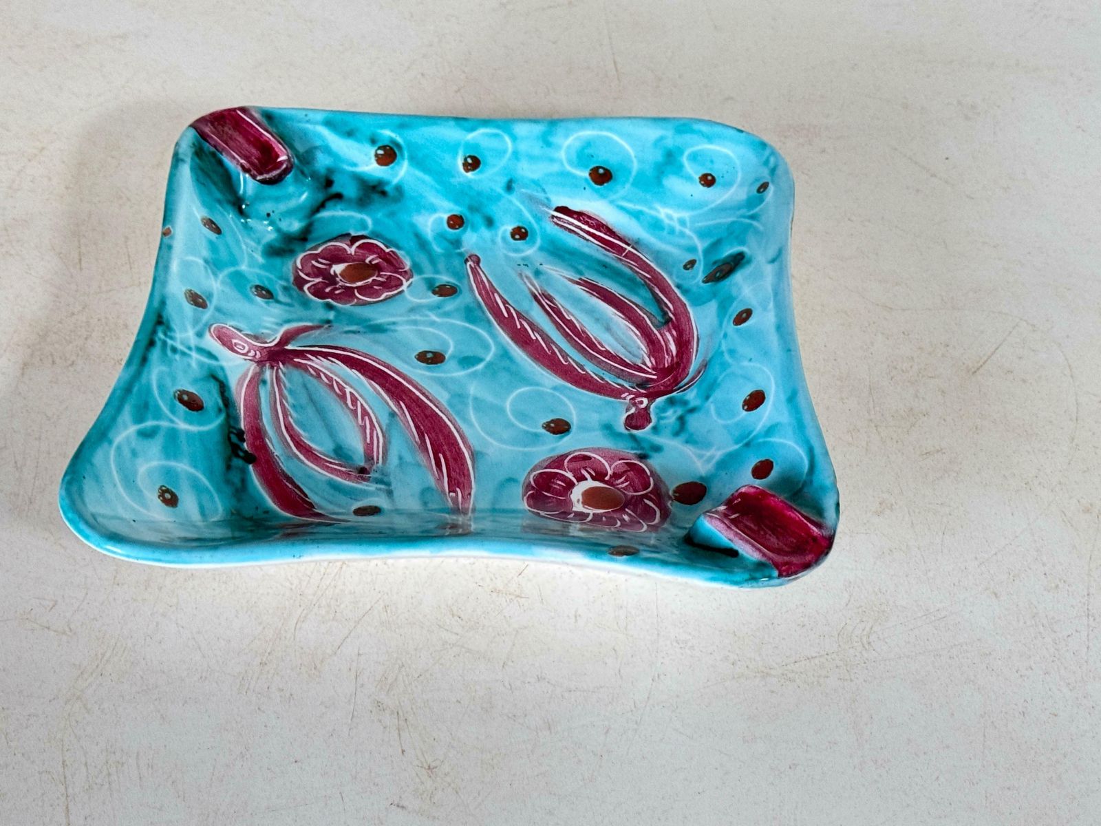 Home Decor Ceramic Blue And Red Ashtray Or Vide Poche Circa 1960 Italy Signed Pm Italy photo