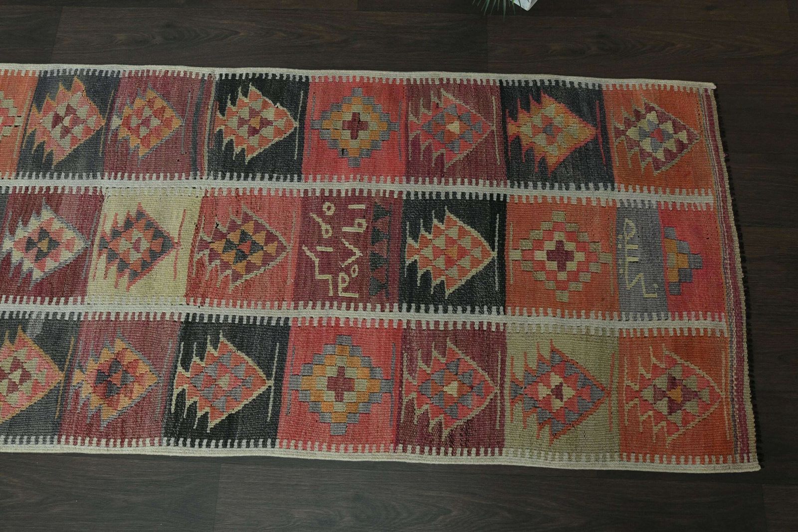 Ft Oushak Runner, Handmade Vintage Turkish Runner, Hallway Rug, Stair Decor, Kitchen Rug, Runner Rug, Orange Black Wool Rug photo vinterior