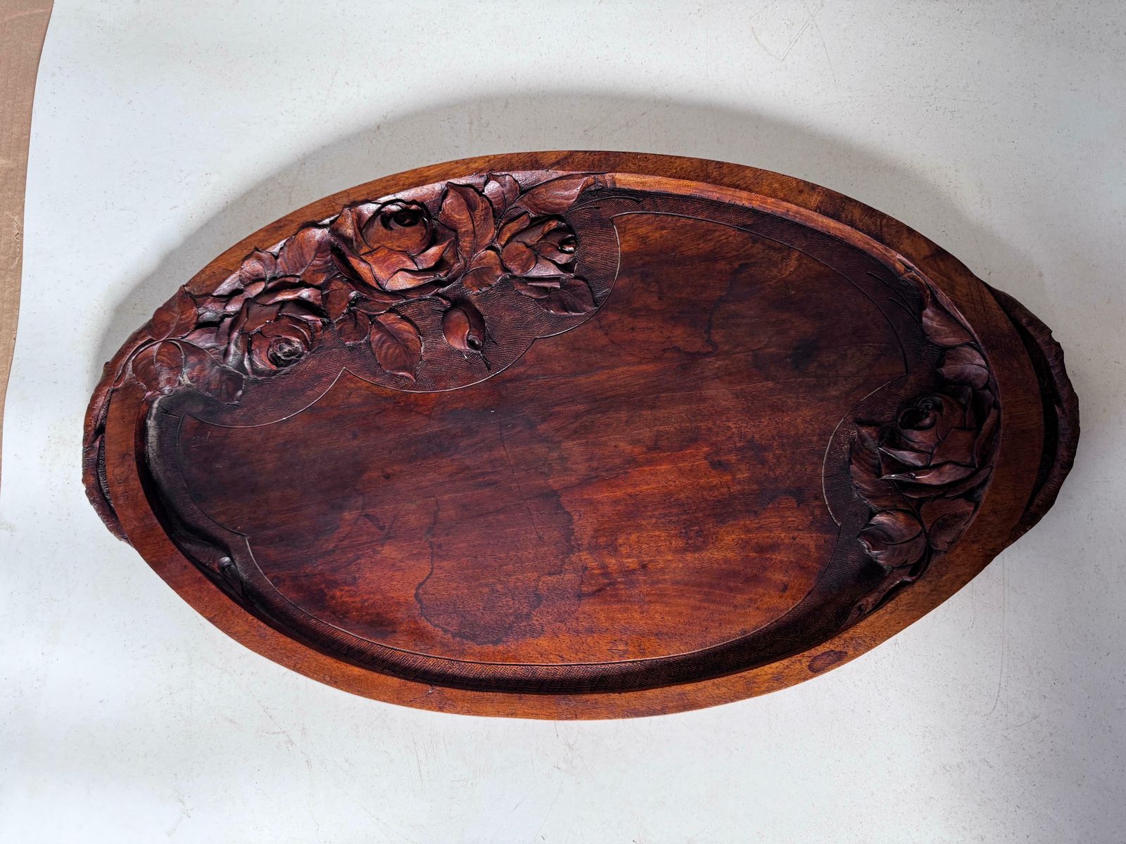 photo vinterior Art Nouveau Platter In Wood, Brown Color, France Circa 1930, Hand Carved, Signed