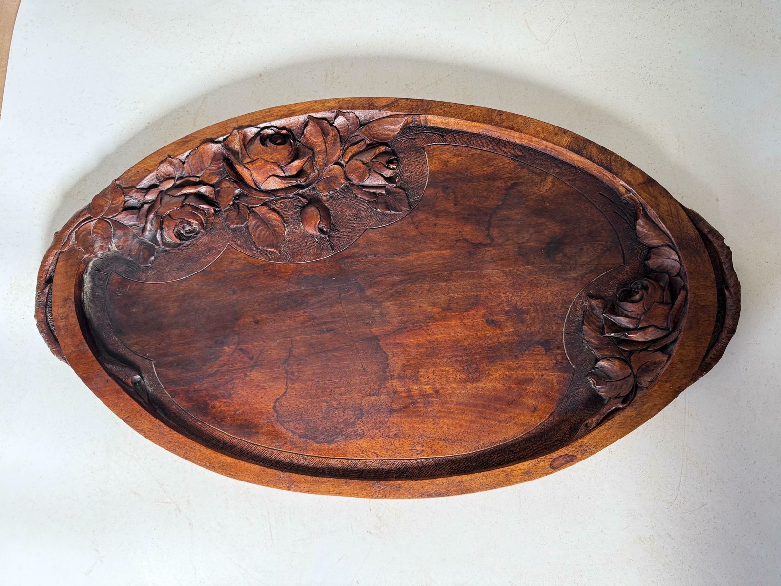 photo buy Art Nouveau Platter In Wood, Brown Color, France Circa 1930, Hand Carved, Signed