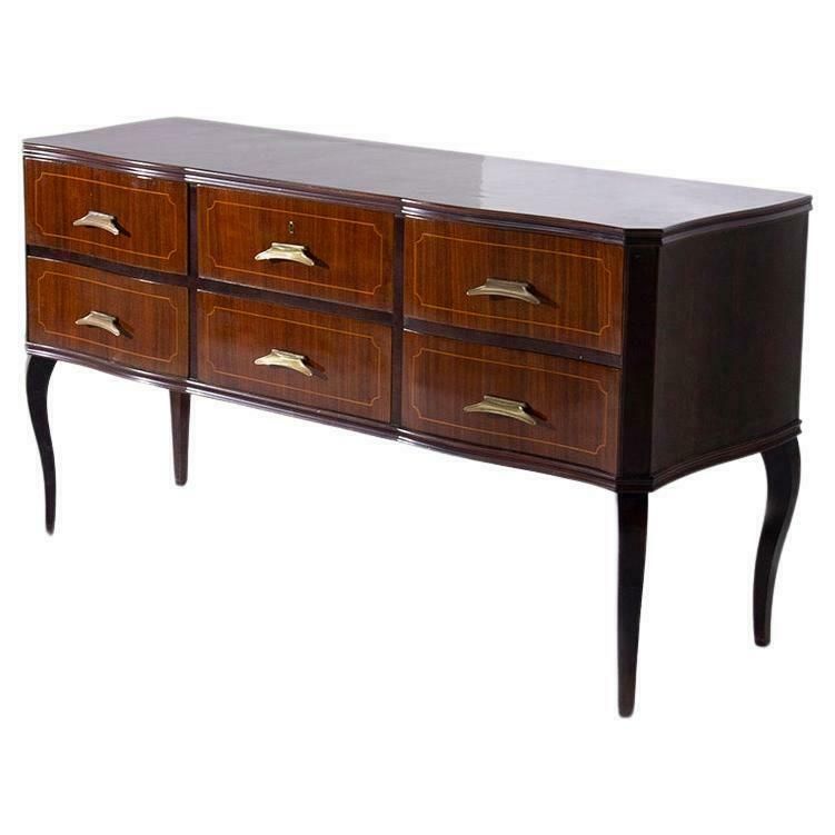 Elegant Italian Vintage Sideboard In Brass And Walnut Wood