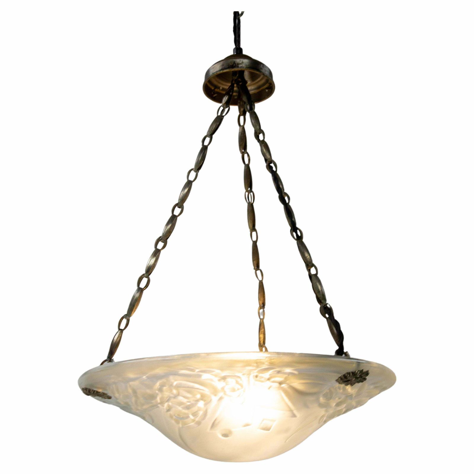 French Art Deco Chandelier Frozen Glass & Aluminium Ceiling Pendant, Circa 1930