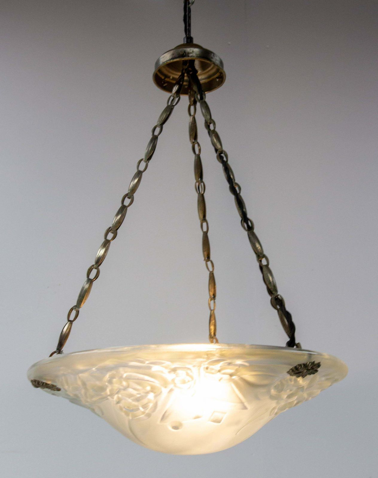 French Art Deco Chandelier Frozen Glass & Aluminium Ceiling Pendant, Circa 1930 photo furniture