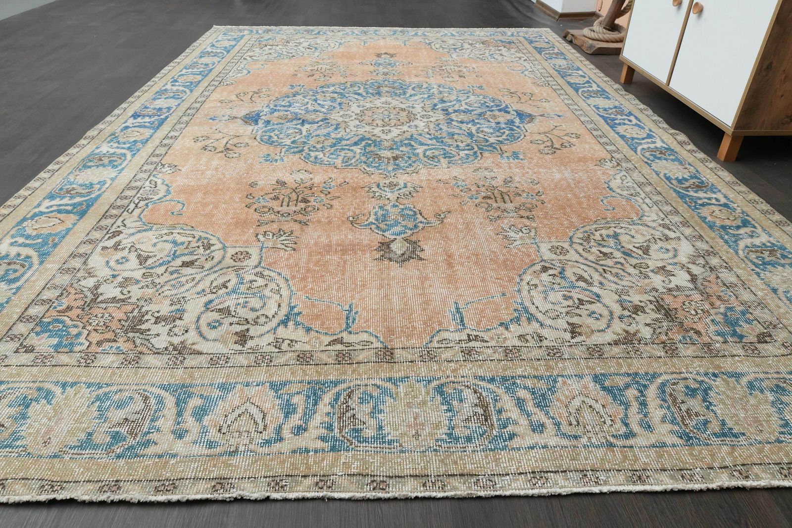 7x10 Orange Blue Rug, Handmade Vintage Turkish Rug, 7x10 Area Rug, Antique Large Rug, Wool Rug, Home Decor, Living Room Rug, 7.3x10.5 Ft