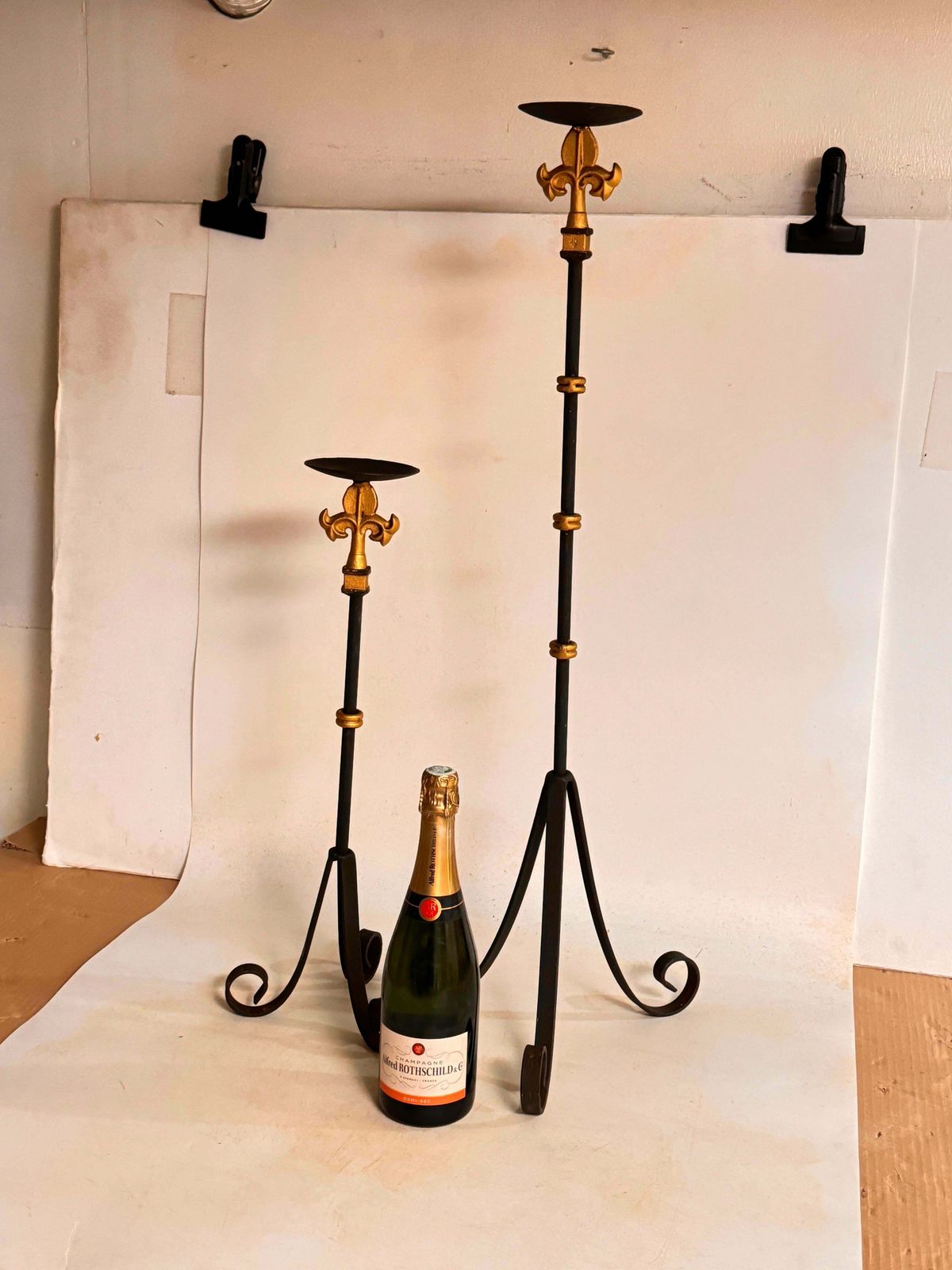 Gillt Iron Candle Holders Or Candlesticks Black And Gold France 1970 Set Of 2 photo furniture