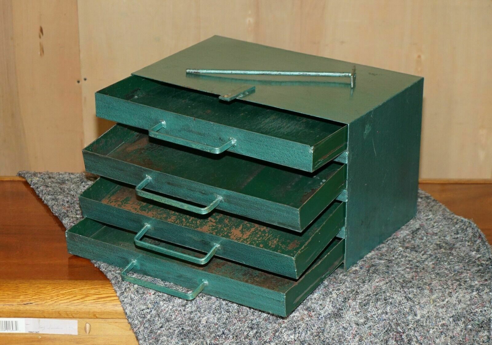 Antique Circa 1920's Teal Coloured Lockable Machinist Work Tool Box With Lock photo vintage