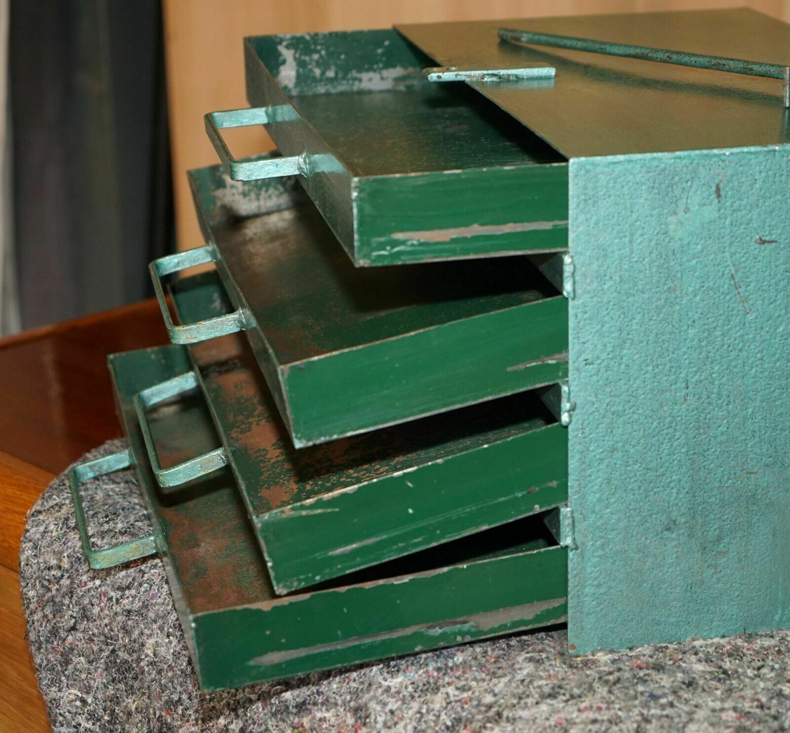 photo for sale Antique Circa 1920's Teal Coloured Lockable Machinist Work Tool Box With Lock