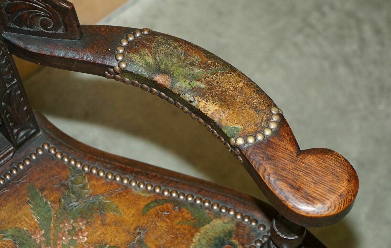 Four Antique 1640 Caquetoire Carved Walnut Polychrome Painted Armchairs photo vintage