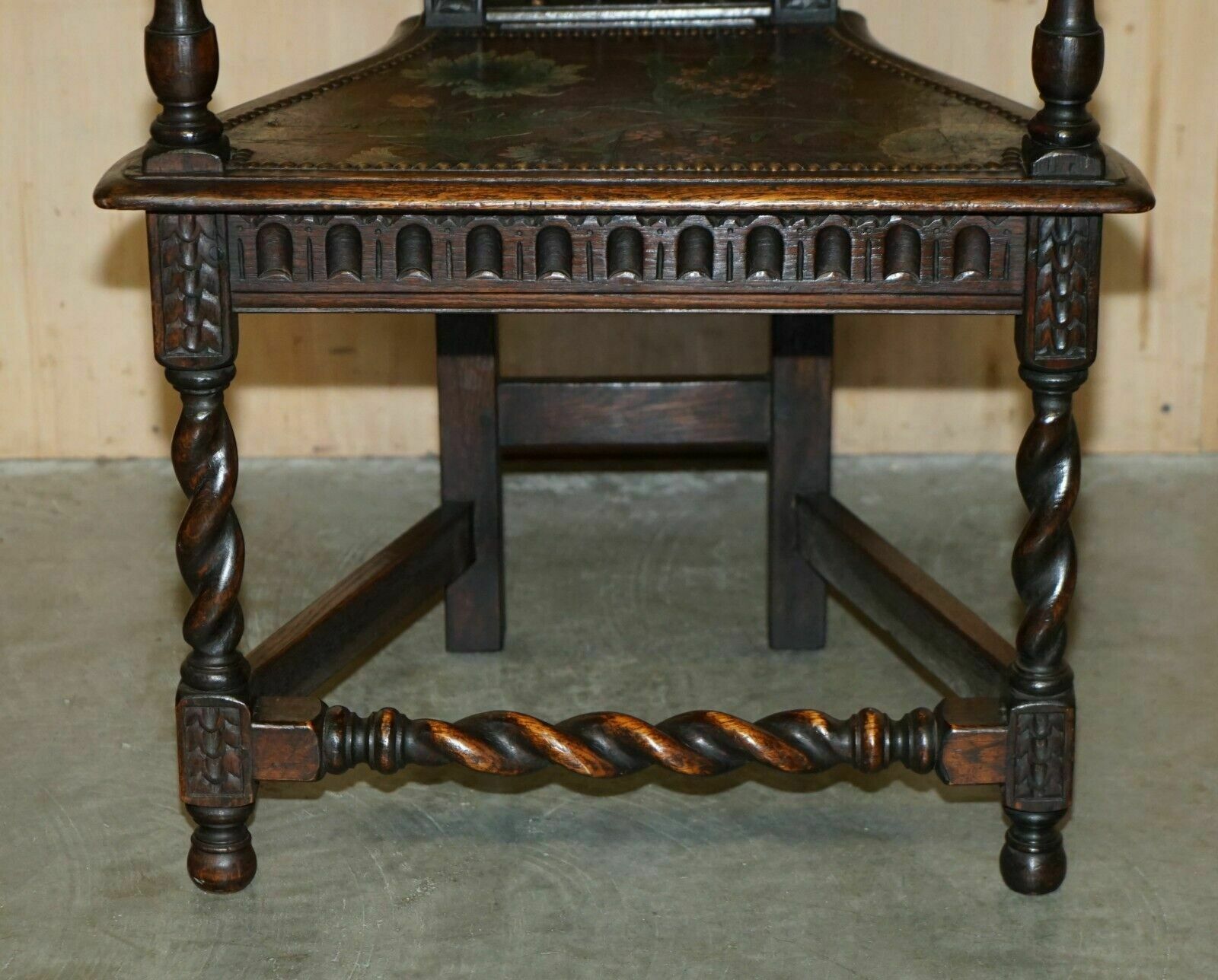 photo furniture Four Antique 1640 Caquetoire Carved Walnut Polychrome Painted Armchairs
