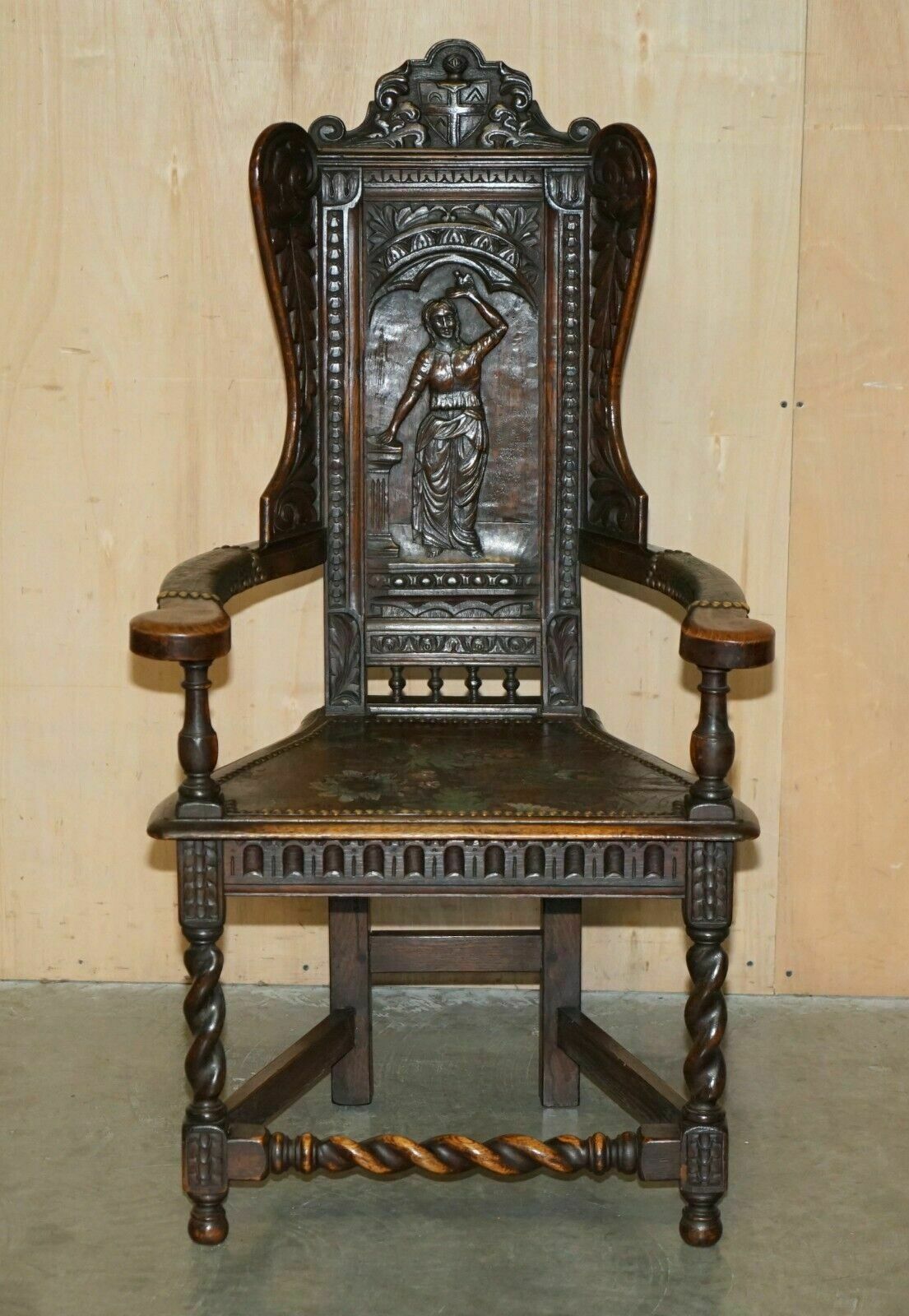 16950.0 Four Antique 1640 Caquetoire Carved Walnut Polychrome Painted Armchairs photo