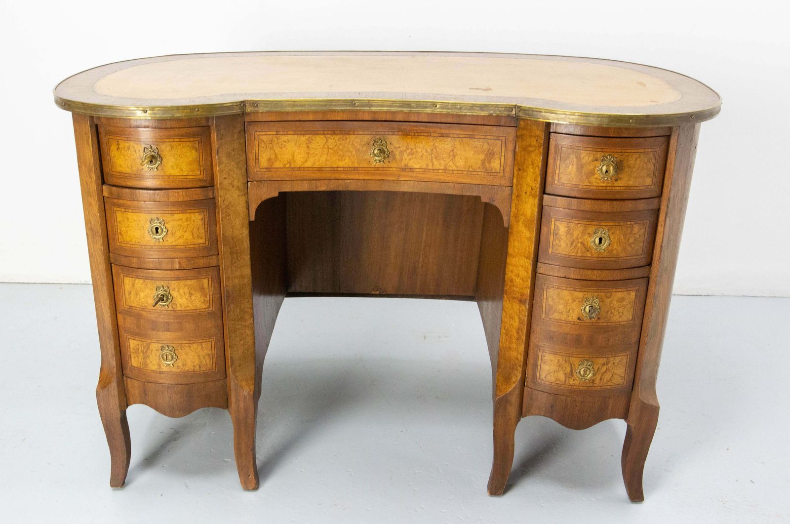 French Elm Burl Brass & Coated Fabric Desk Kidney Shape Louis XV Style C. 1960 photo furniture