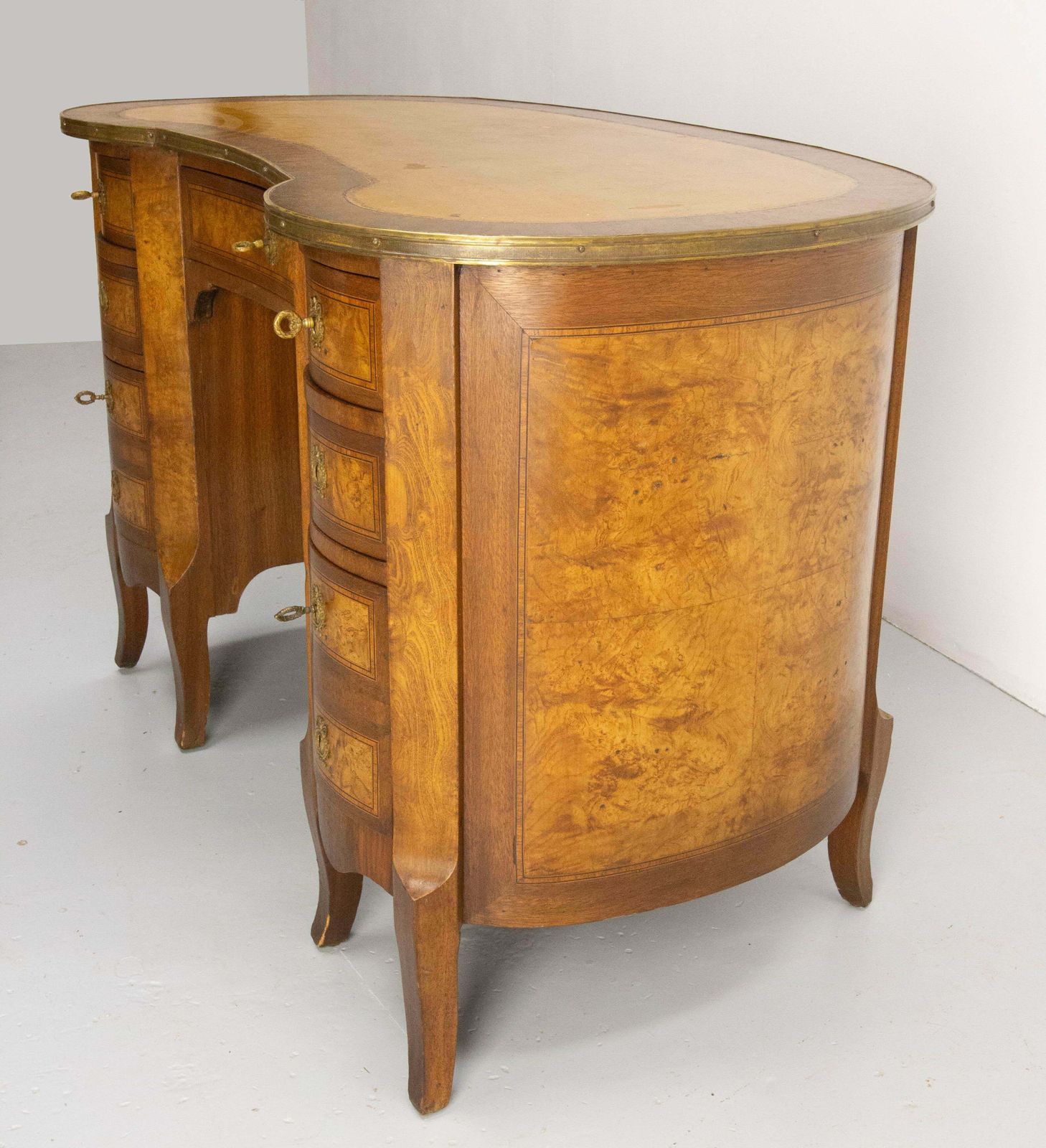 French Elm Burl Brass & Coated Fabric Desk Kidney Shape Louis XV Style C. 1960 photo for sale