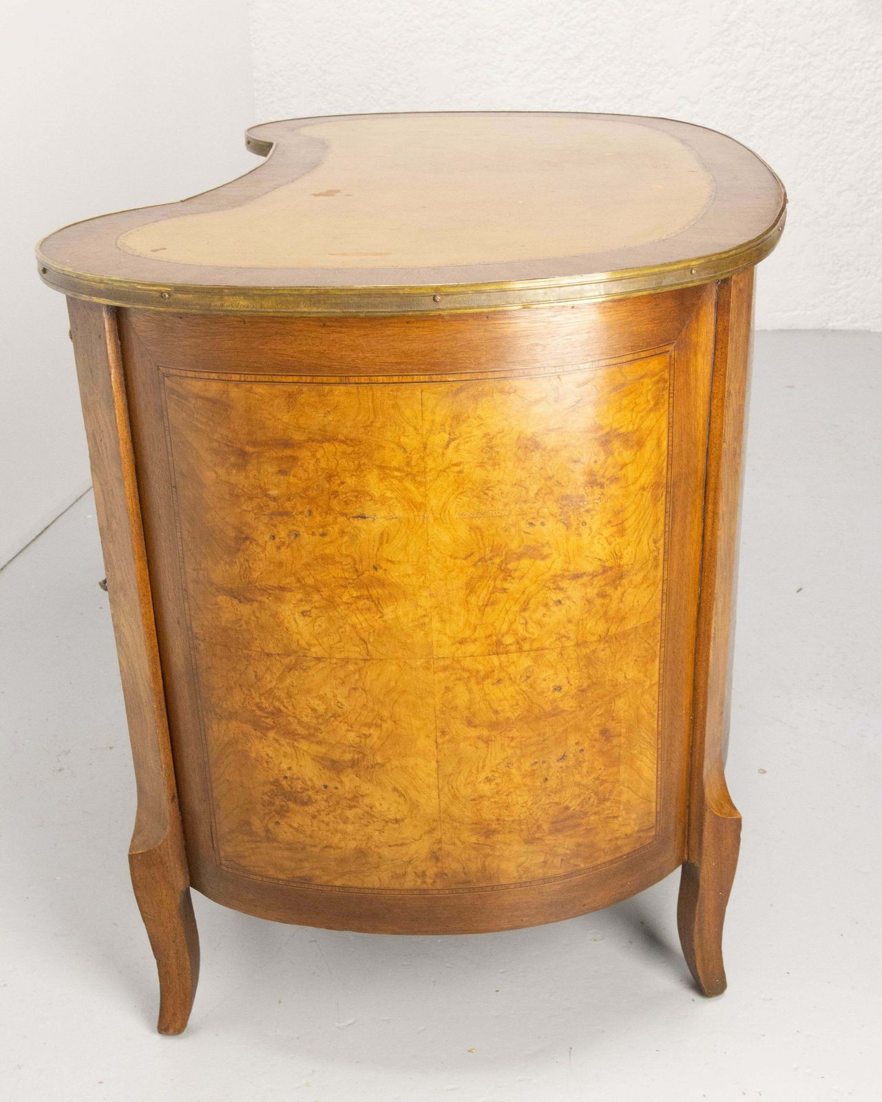 French Elm Burl Brass & Coated Fabric Desk Kidney Shape Louis XV Style C. 1960 photo Furniture