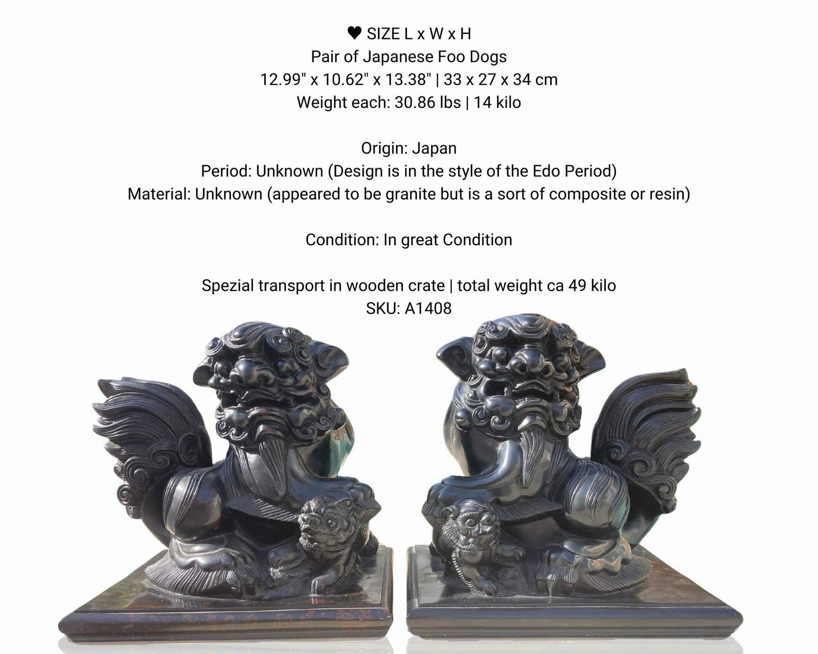 Japanese Foo Dogs | Pair (2) Of Lions With Child Statue | 13" Tall | Heavy Composite photo vinterior