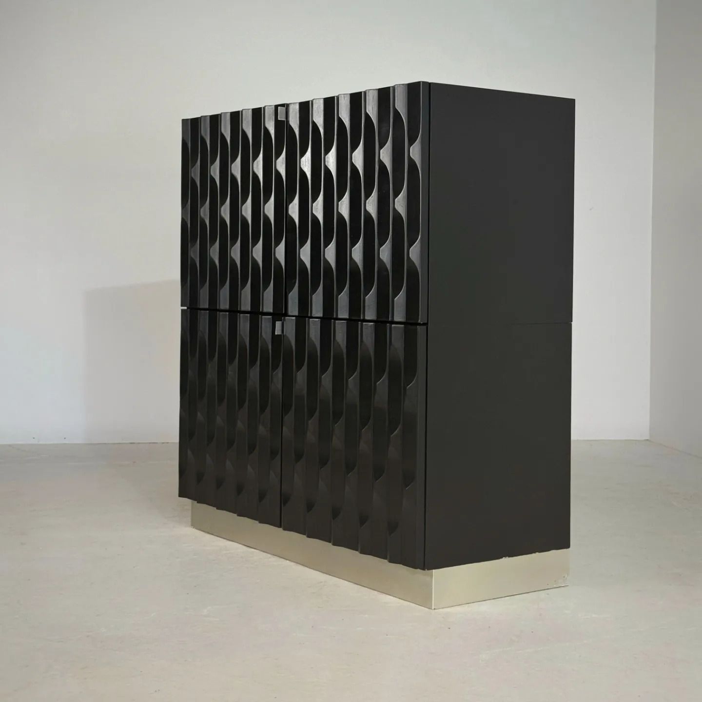 Furniture Pair Of Black Brutalist Cabinets With Graphic Door Panels, 1970s photo