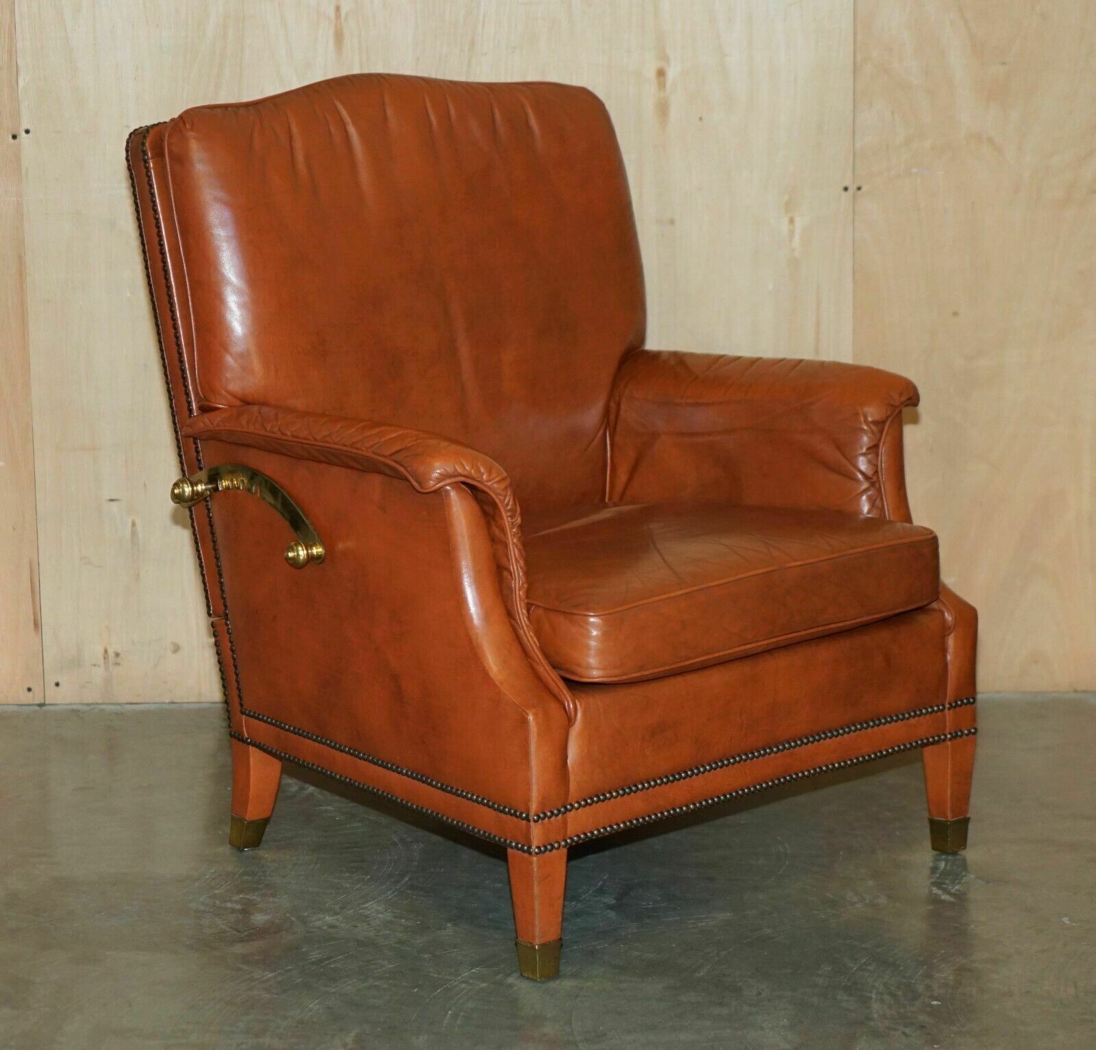 Comfortable Pair Of French Neoclassical Style Leather & Brass Recliner Armchairs photo furniture