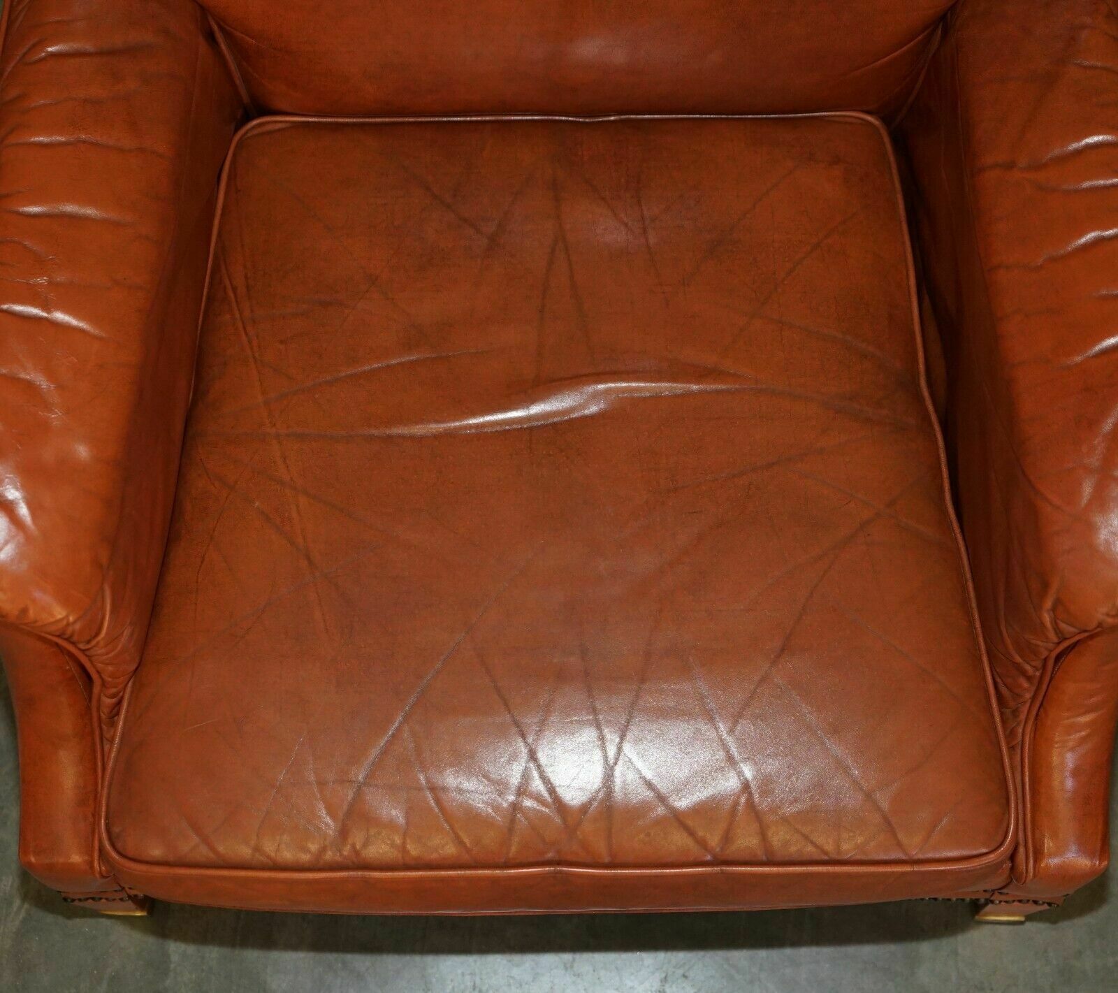 Comfortable Pair Of French Neoclassical Style Leather & Brass Recliner Armchairs photo vinterior