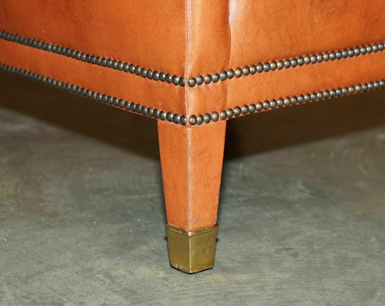 photo furniture Comfortable Pair Of French Neoclassical Style Leather & Brass Recliner Armchairs