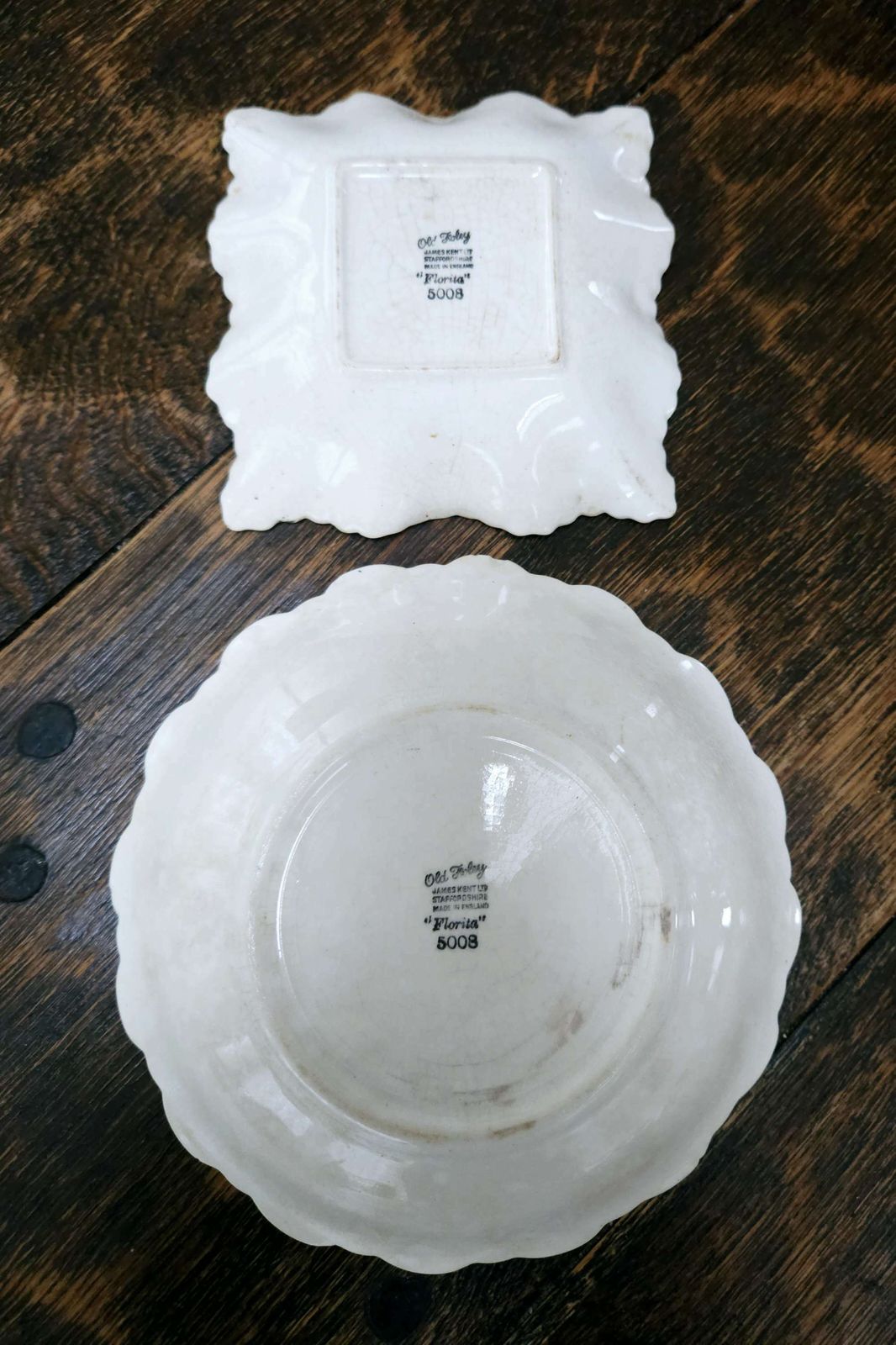 Duo Of 1940s James Kent Old Foley Florita Scalloped Dishes photo vintage