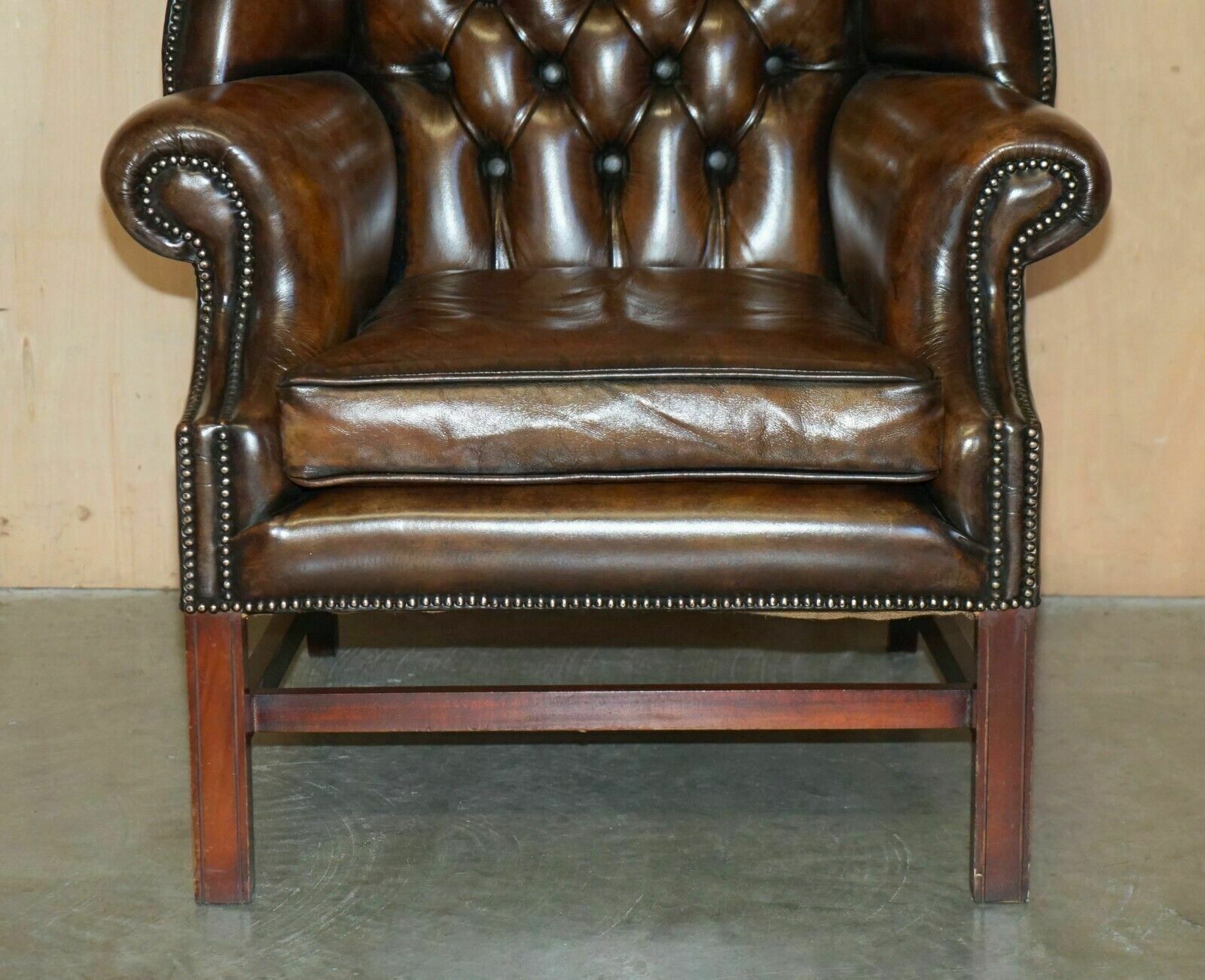 photo for sale Comfortable Vintage Restored Brown Leather Tufted Chesterfield Wingback Armchair