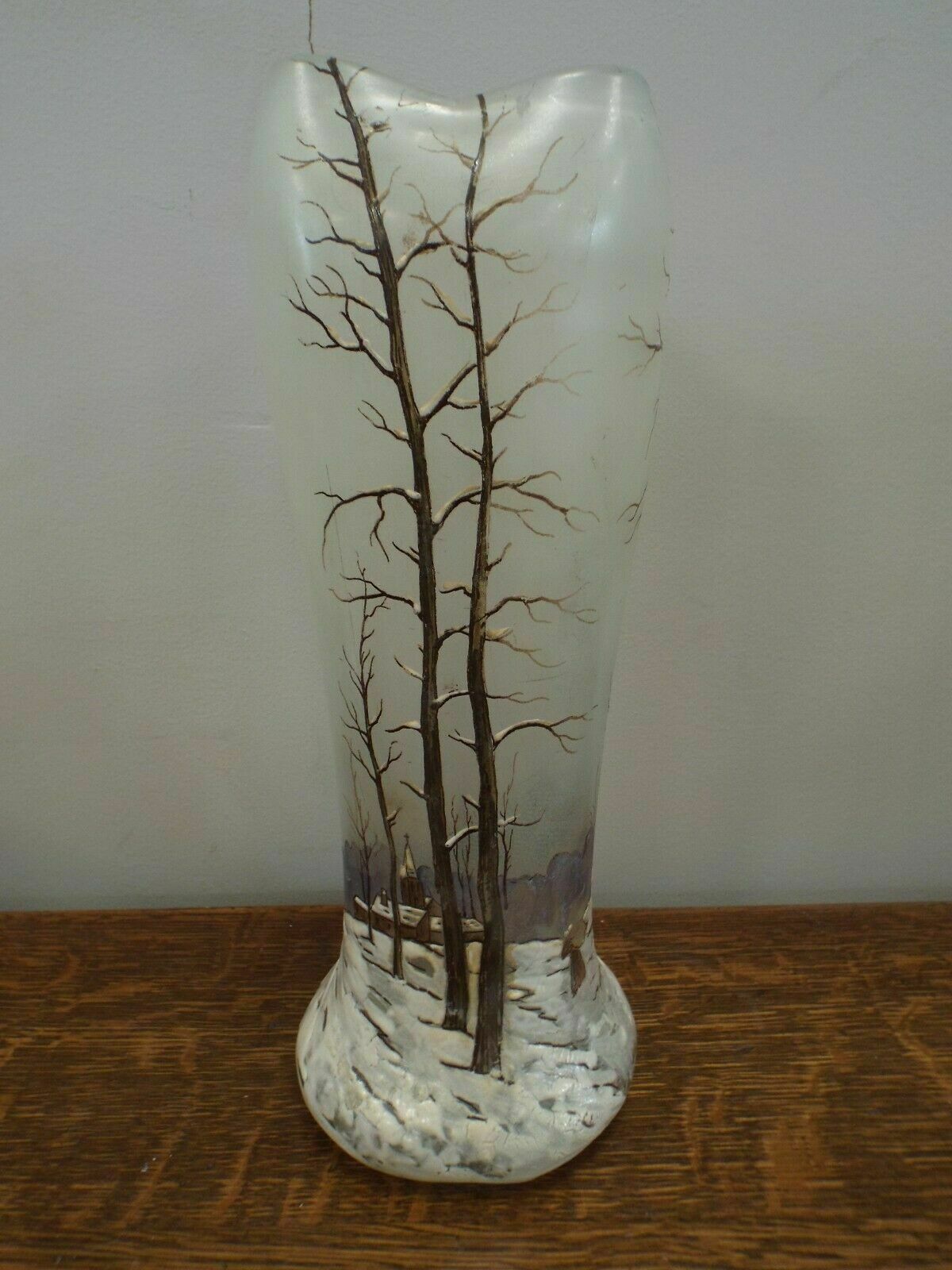 Large Antique Legras Winter Landscape Enamelled Vase