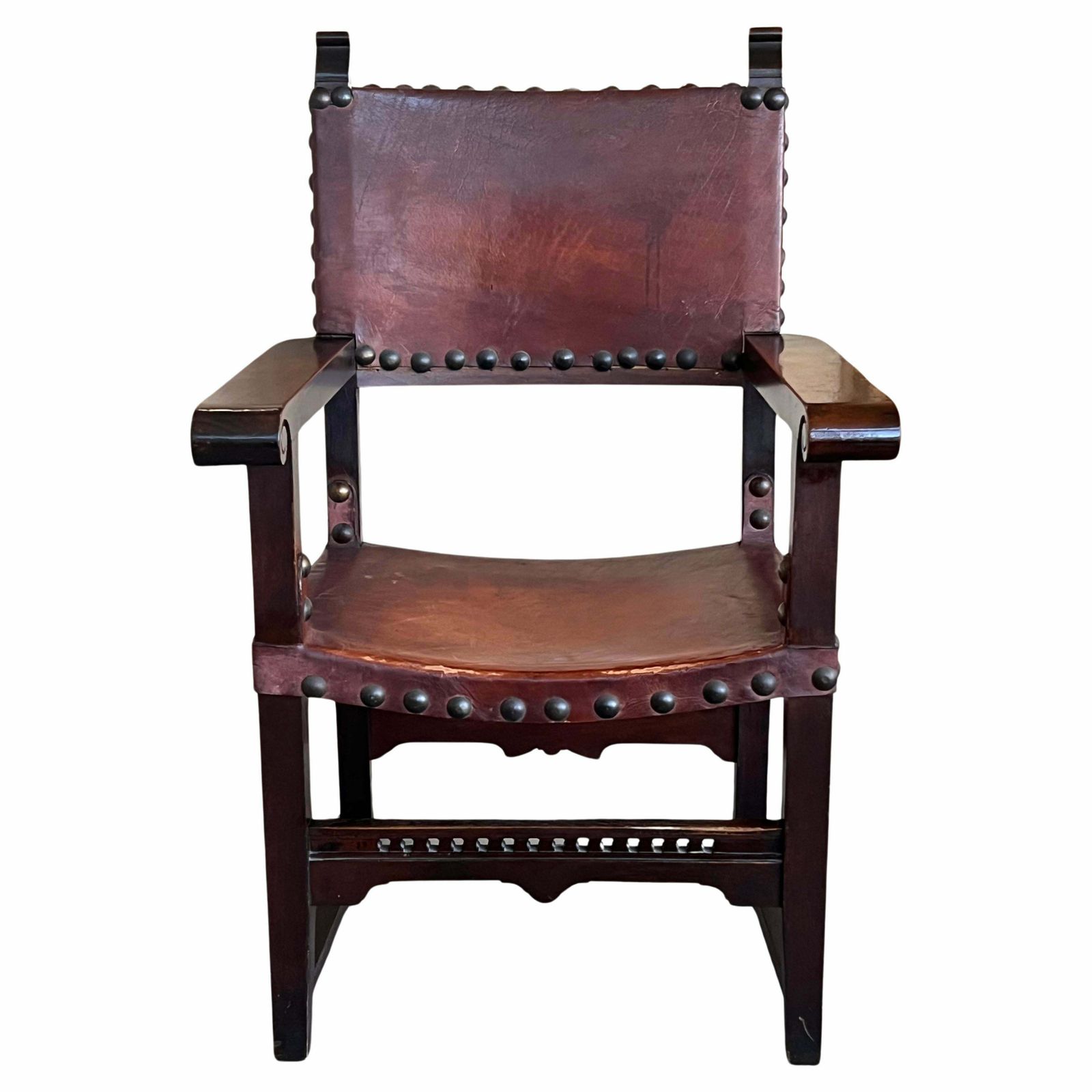 19th Century Spanish Colonial Altar Carved Armchair With Leather Seat And Back