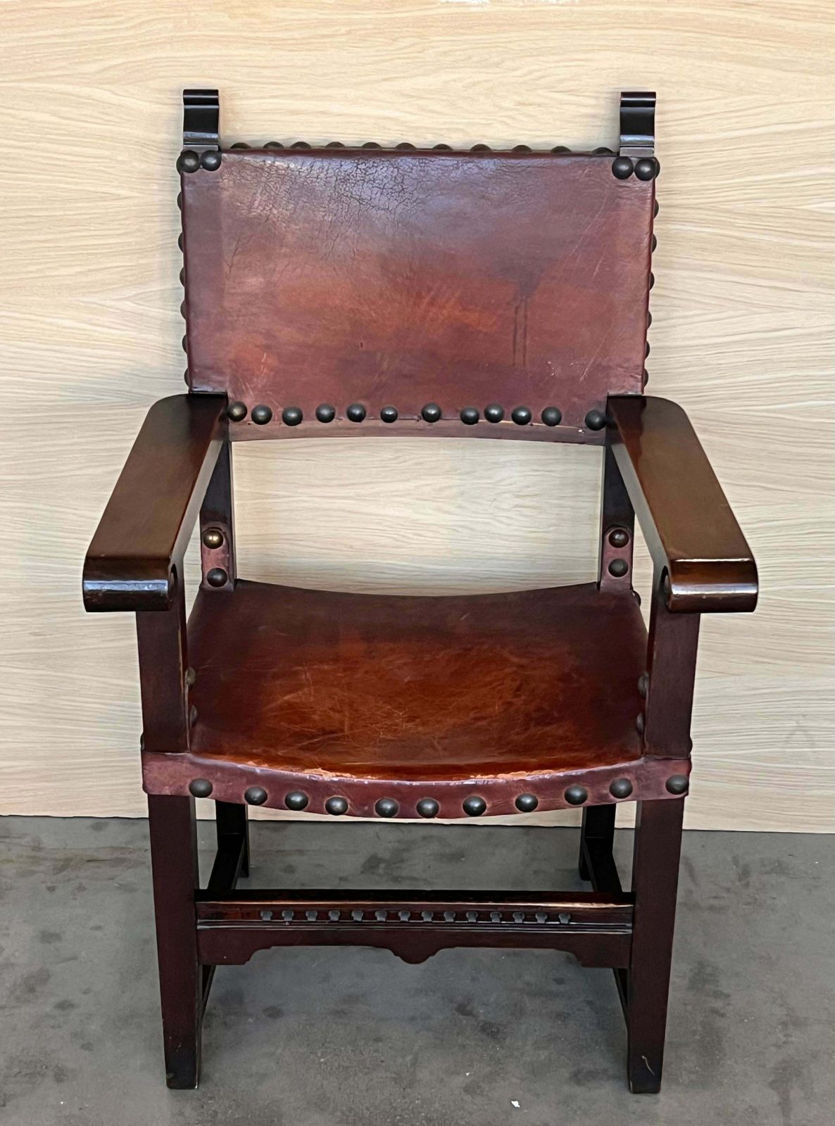 19th Century Spanish Colonial Altar Carved Armchair With Leather Seat And Back photo 2092.0