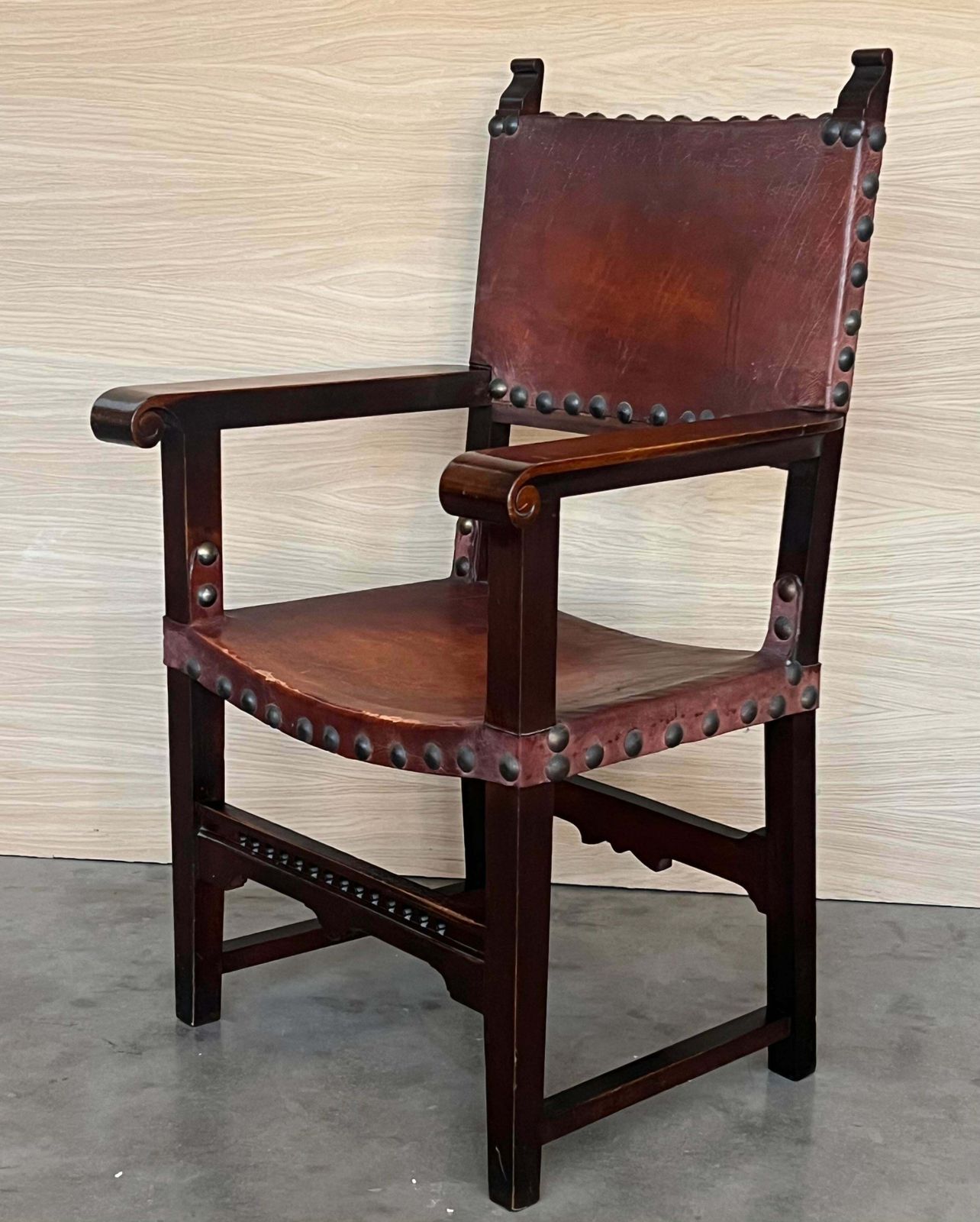 19th Century Spanish Colonial Altar Carved Armchair With Leather Seat And Back photo vinterior
