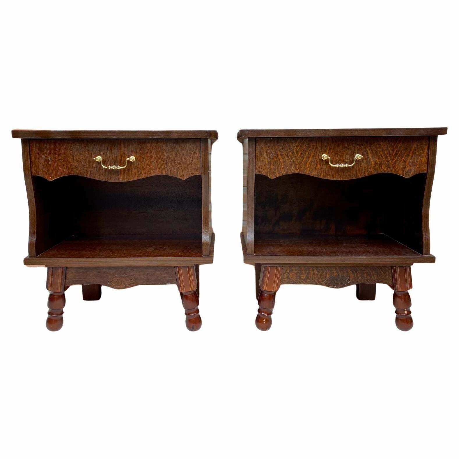 Mid Century Walnut Nightstands With Drawers And Marble Tops, 1950s, Set Of 2