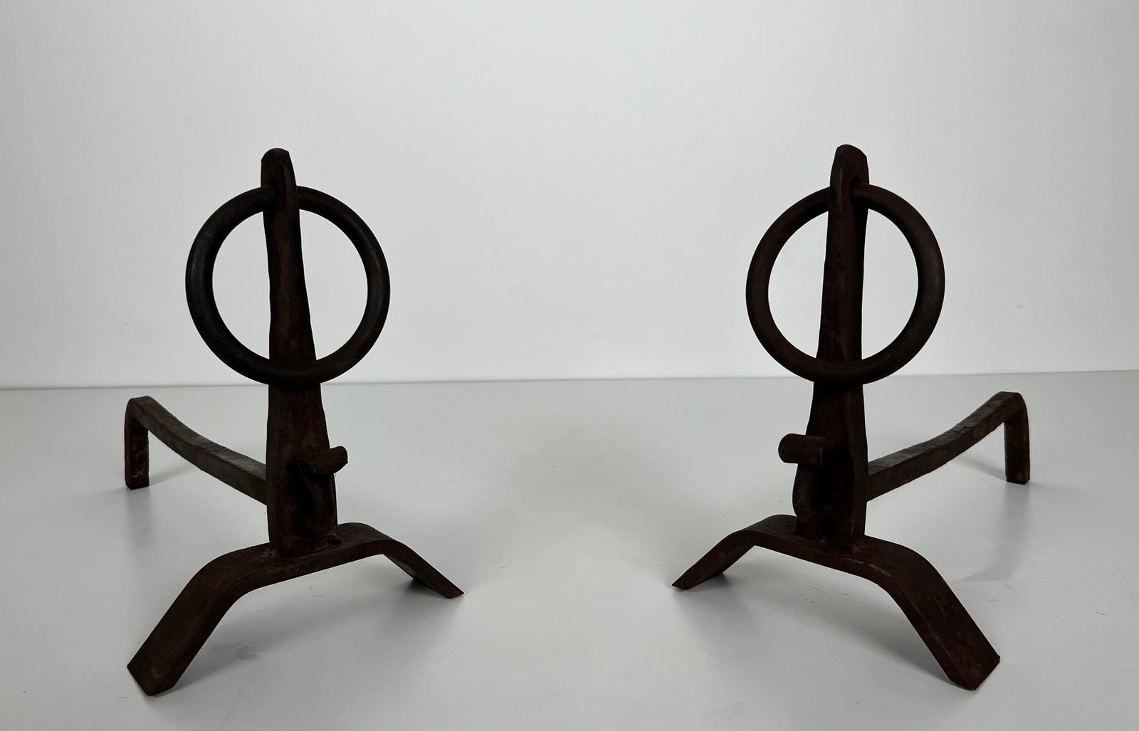 Pair Of Modernist Wrought Iron Andirons In The Taste Of Jacques Adnet photo for sale