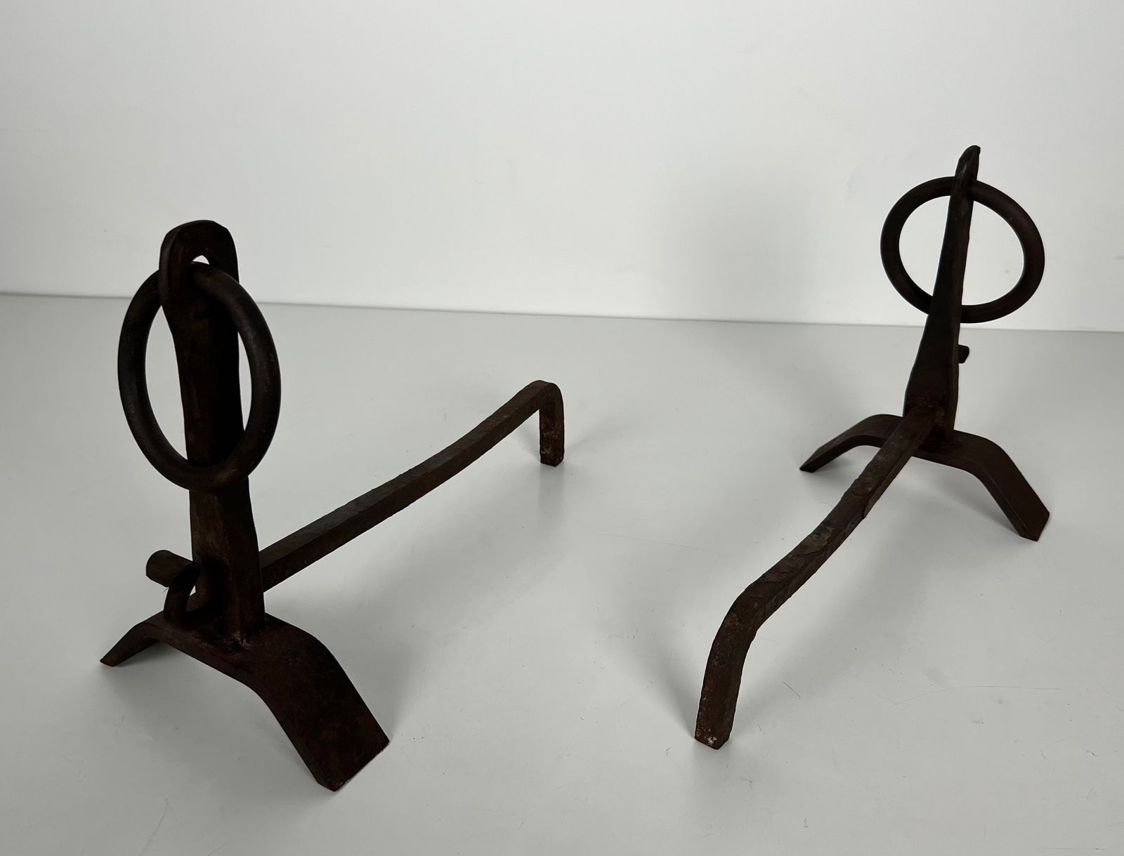 photo for sale Pair Of Modernist Wrought Iron Andirons In The Taste Of Jacques Adnet