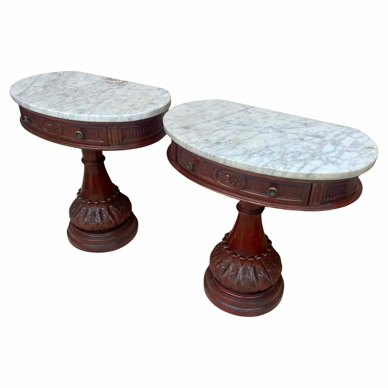 Carved Wood Demi Lune Nightstands With Marble Top, 1940, Set Of 2