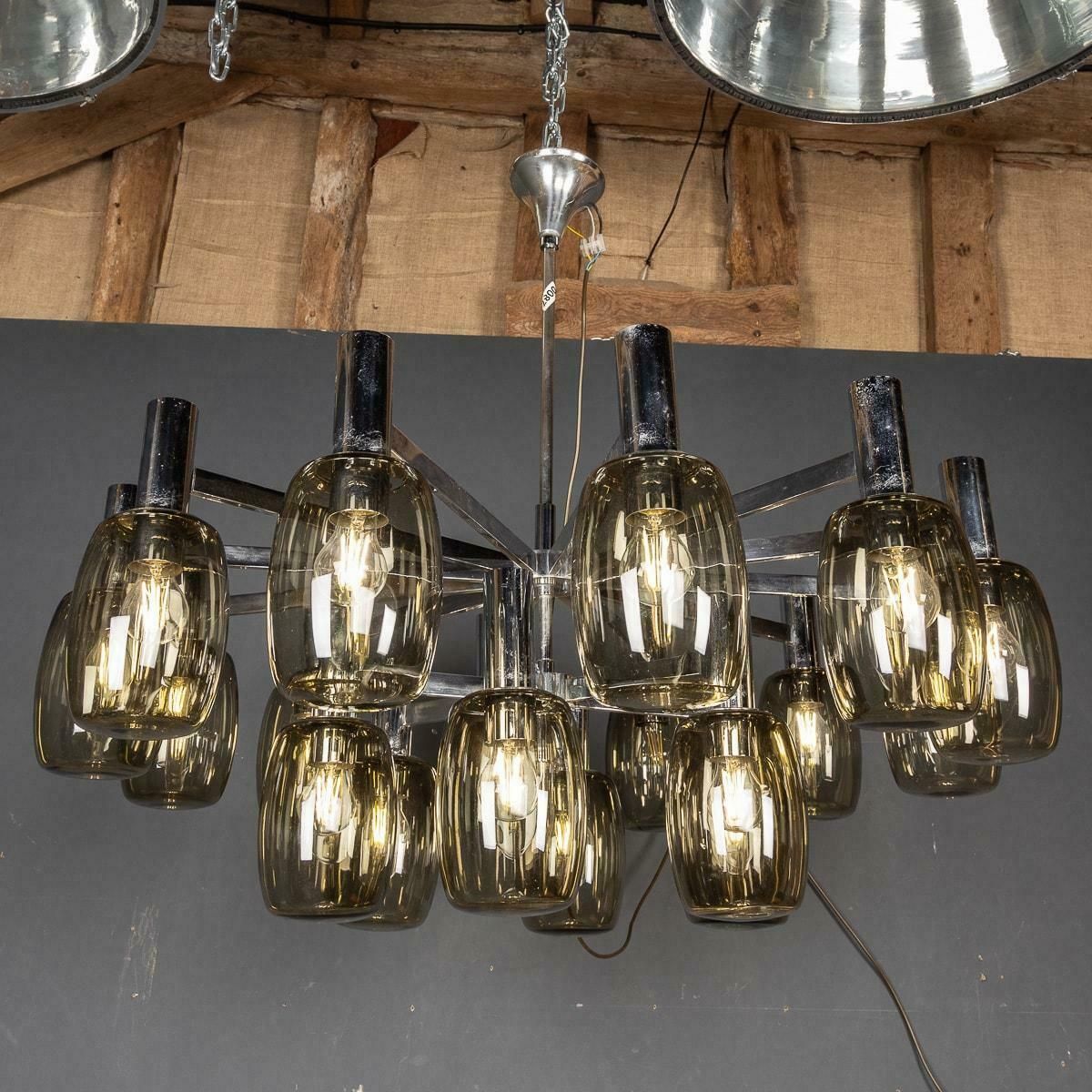 20th Century Italian Chrome & Smoked Glass Eighteen Light Chandelier C.1970 photo for sale