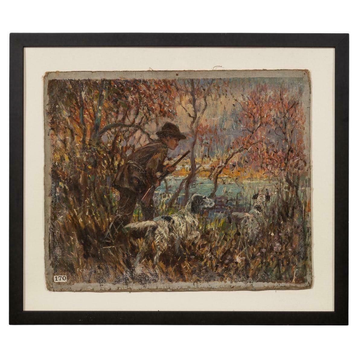 Antique 20thc Framed Hunting Scene Oil On Canvas By Frederick Thomas Daws C.1923