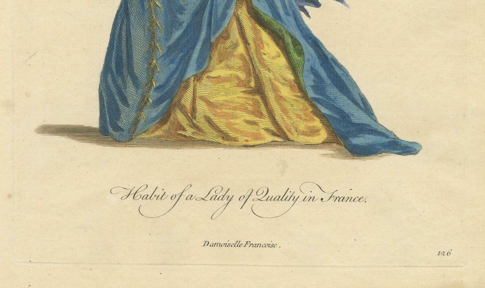 Habit Of A Lady Of Quality In France In A Hand Colored Engraving, 1757 photo for sale