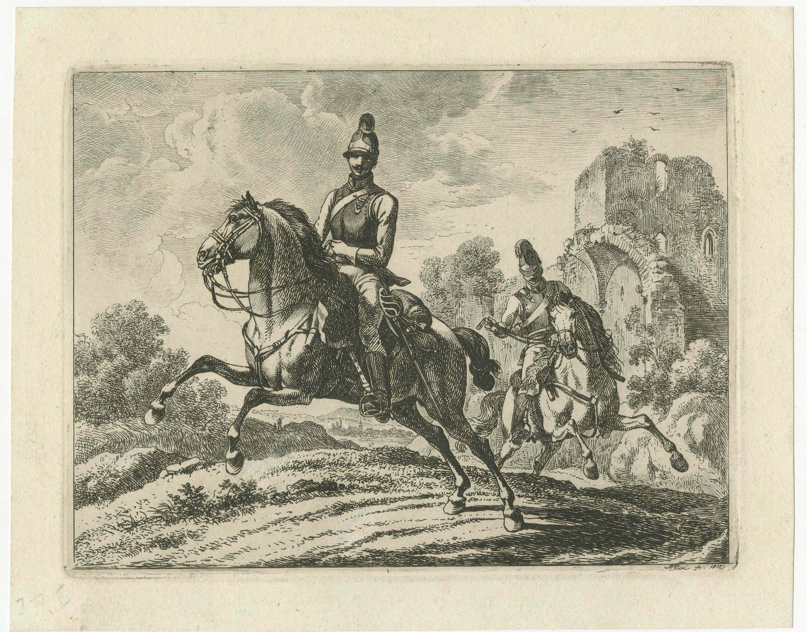 Original Engraving Of Austrian Soldiers On Horseback, 1812 photo furniture