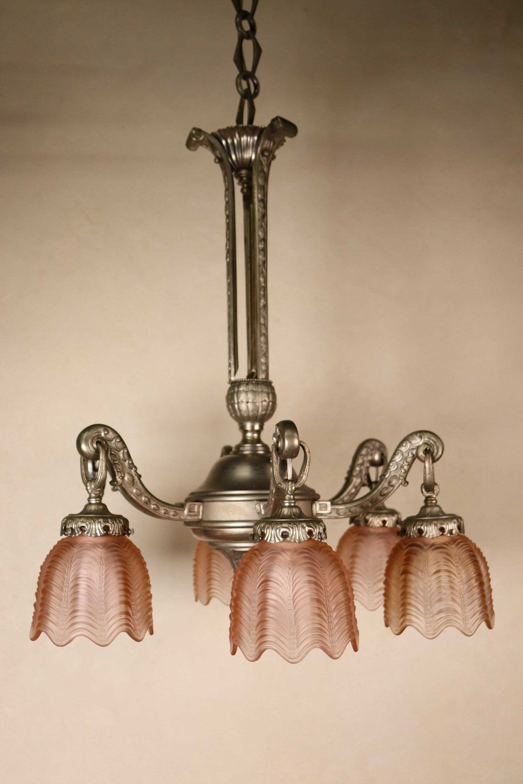 Art Deco Bronze Nickel Plated Iridescent Pink Glass Chandelier 1930's 1940's (St.141) photo furniture