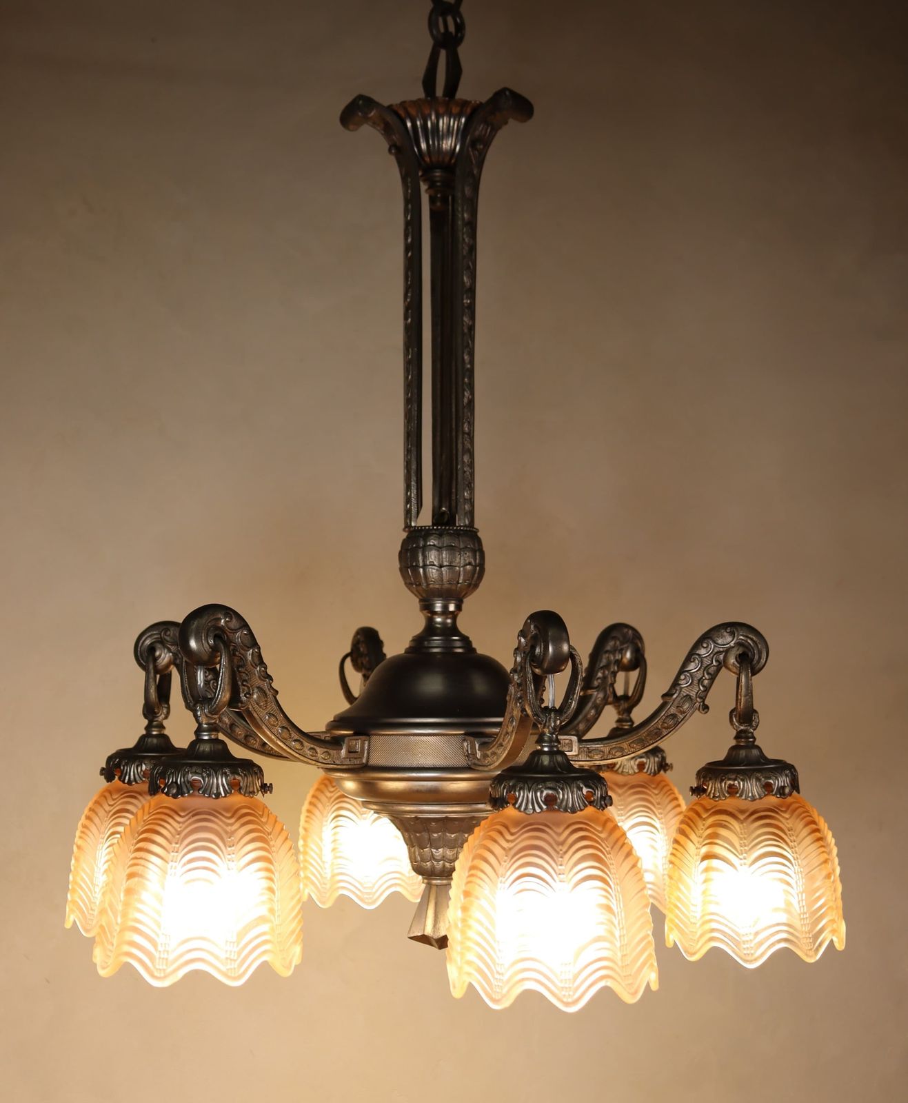 Art Deco Bronze Nickel Plated Iridescent Pink Glass Chandelier 1930's 1940's (St.141) photo for sale