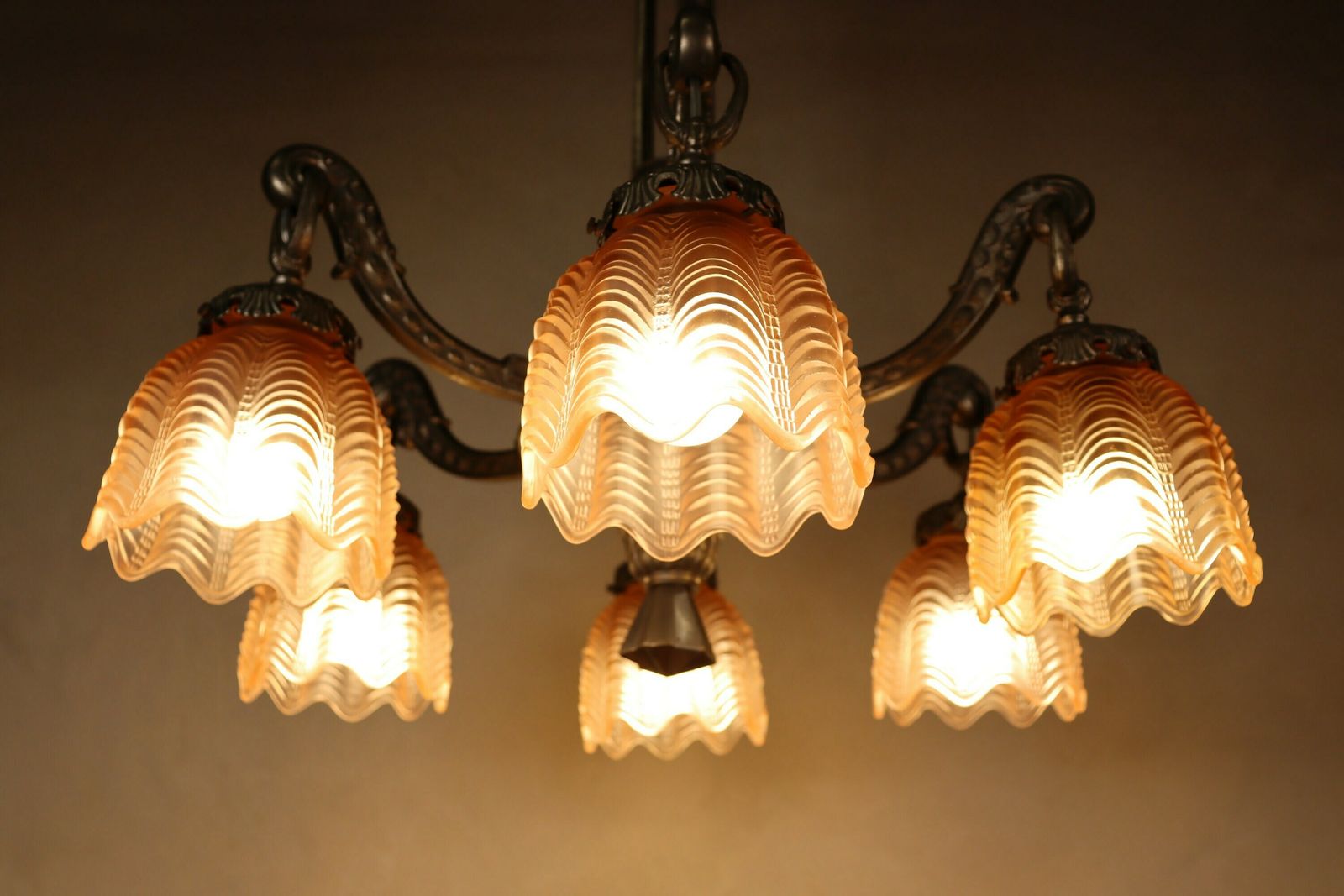 Art Deco Bronze Nickel Plated Iridescent Pink Glass Chandelier 1930's 1940's (St.141) photo vinterior